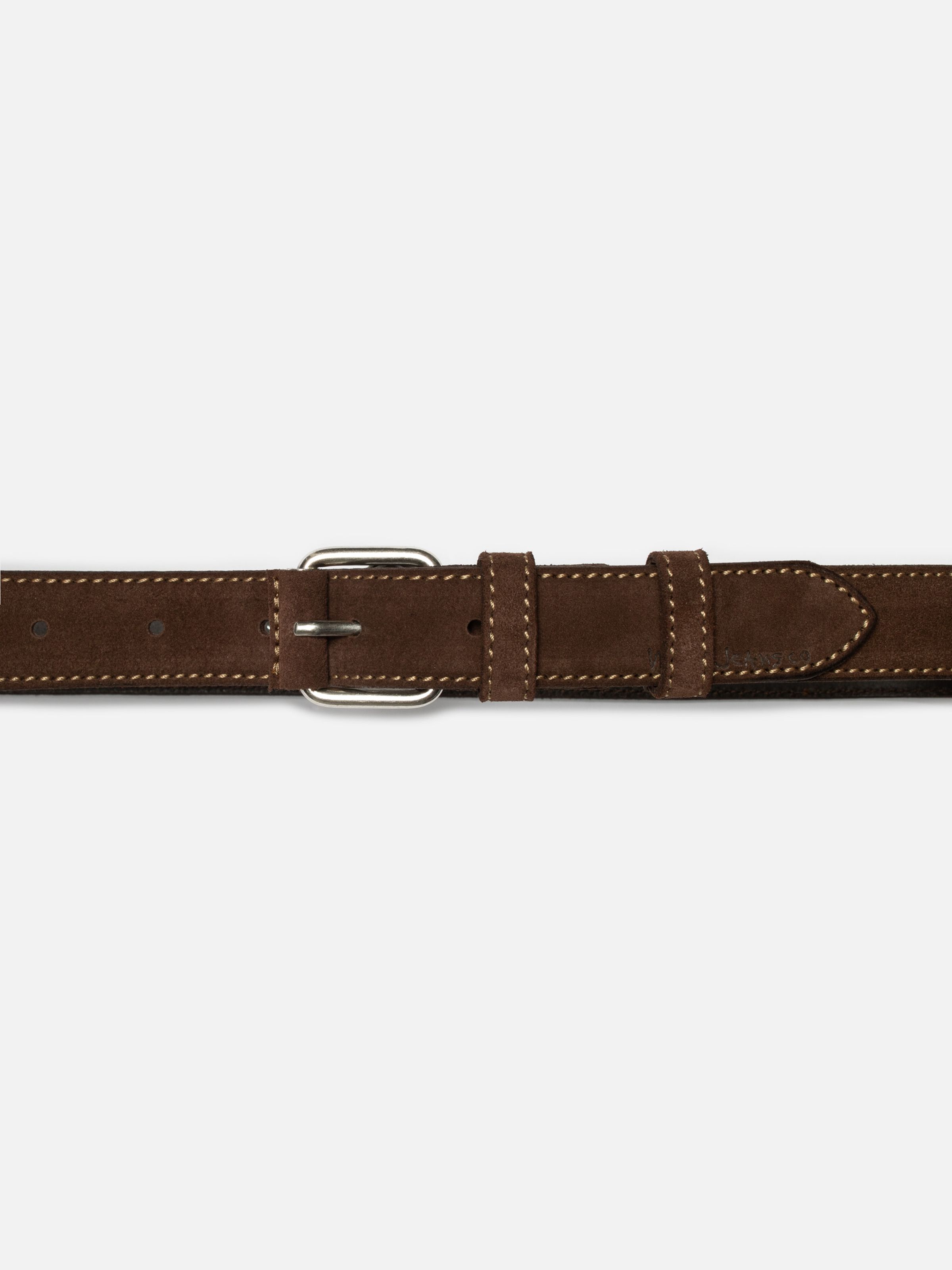 Nudie Jeans Dwayne Suede Belt in Dark Brown, close-up shot showing the antique silver buckle and suede material.