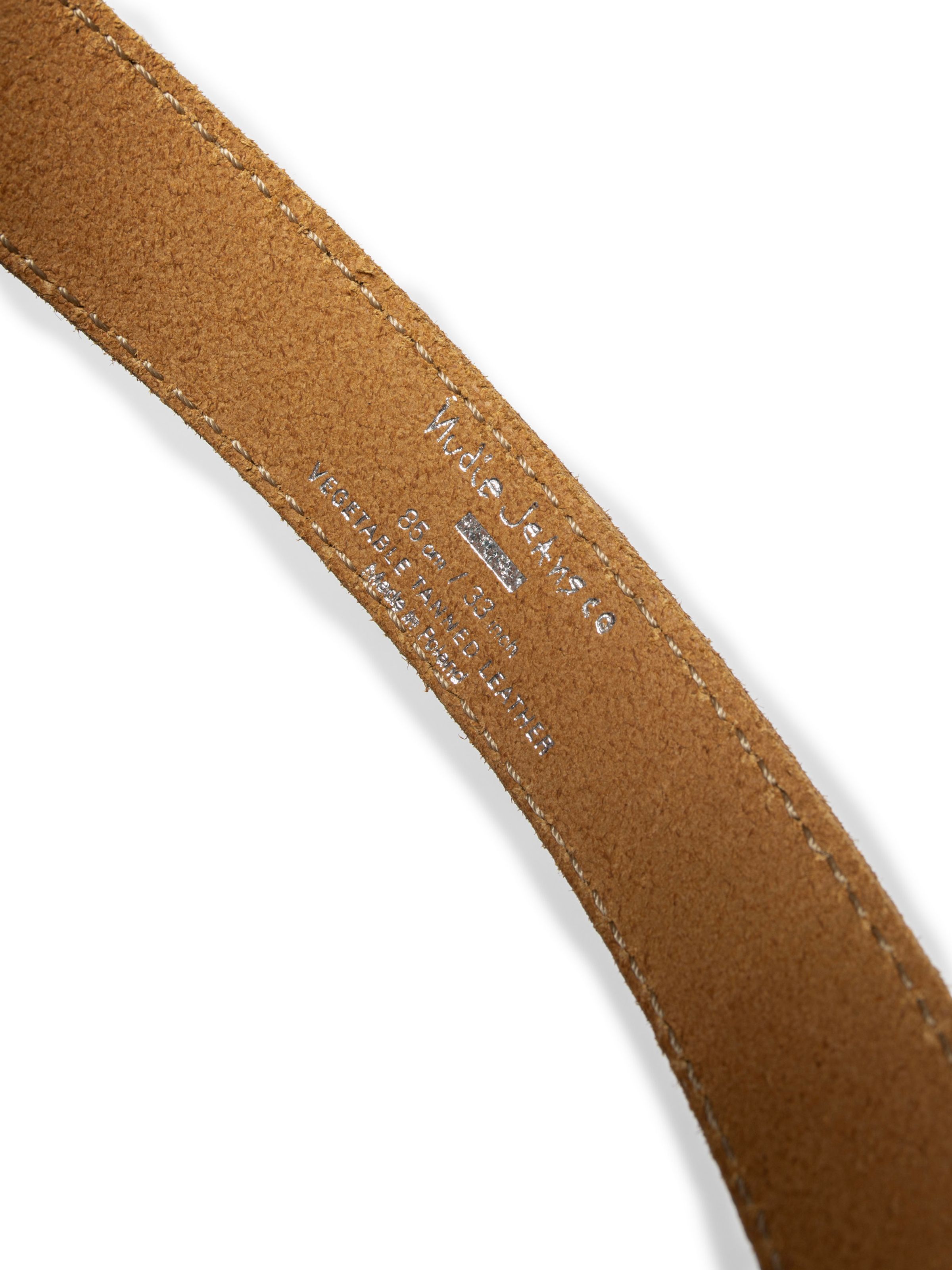 Nudie Jeans Western Suede Silver Belt Tobacco, close-up of the silver foil branding and size on the leather lining.