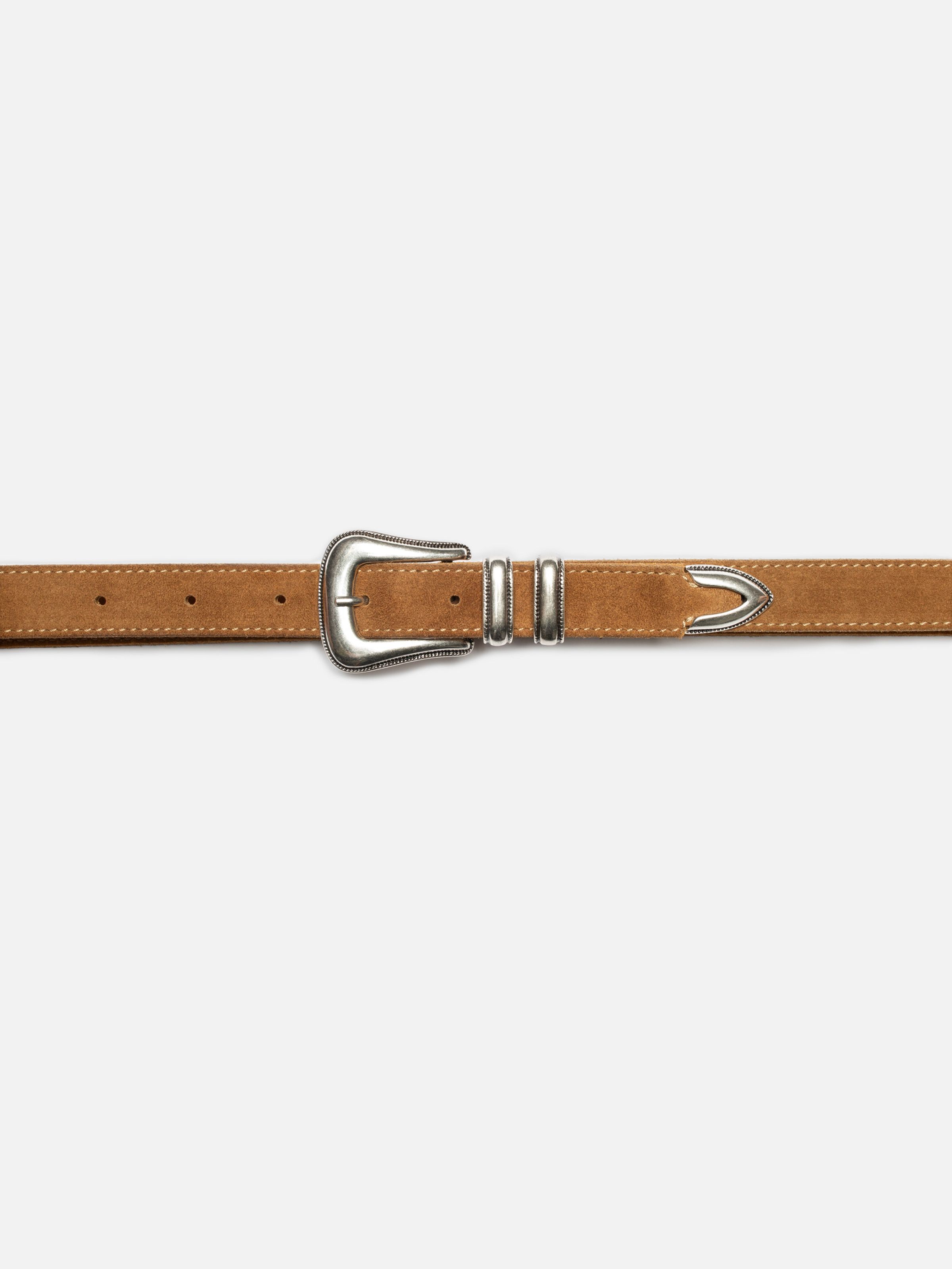 Nudie Jeans Western Suede Silver Belt in Tobacco, flatshot showing the antique silver buckle and hardware.