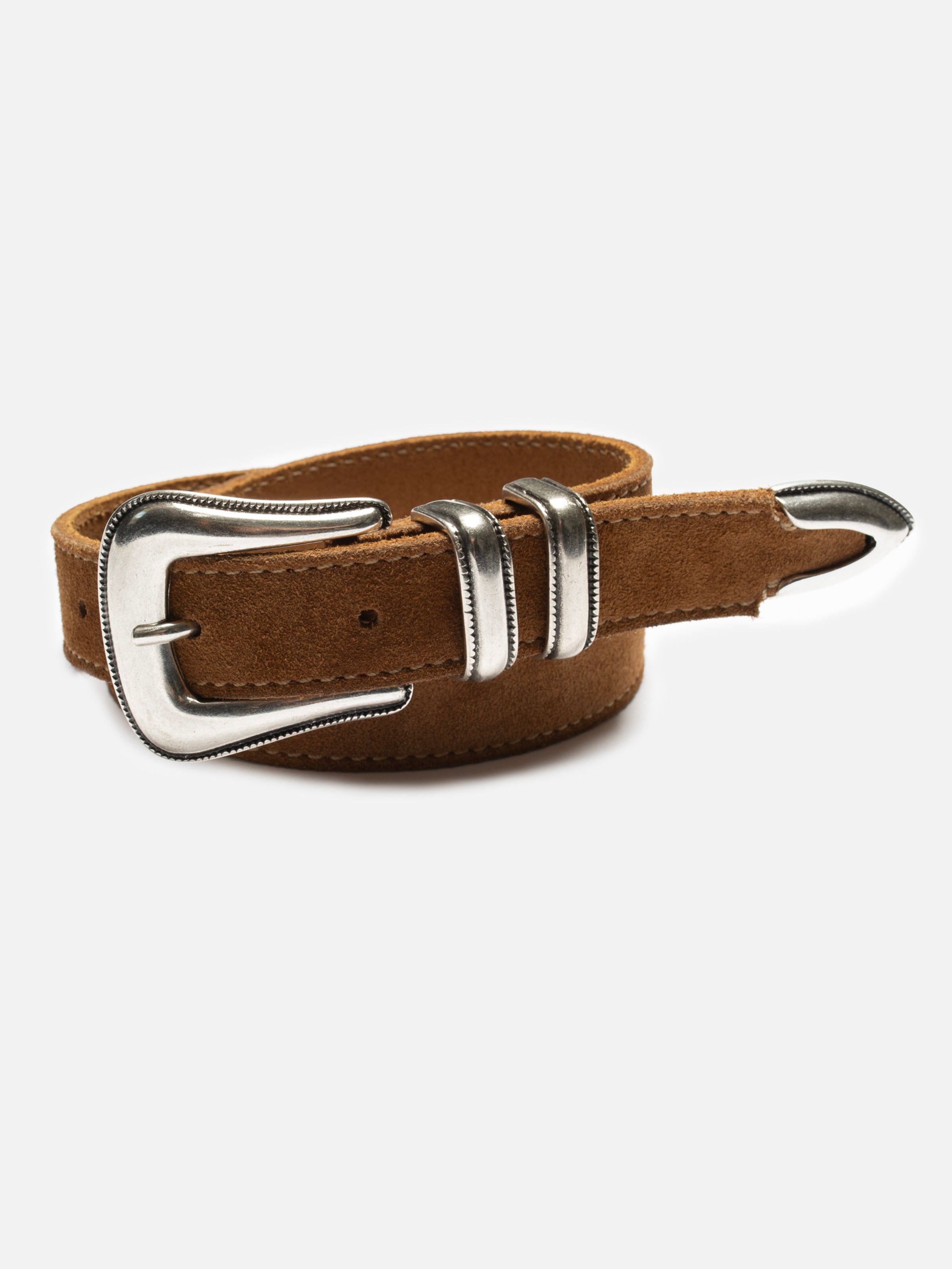Nudie Jeans Western Suede Silver Belt in Tobacco, a rolled suede belt showing the antique silver western-style buckle.