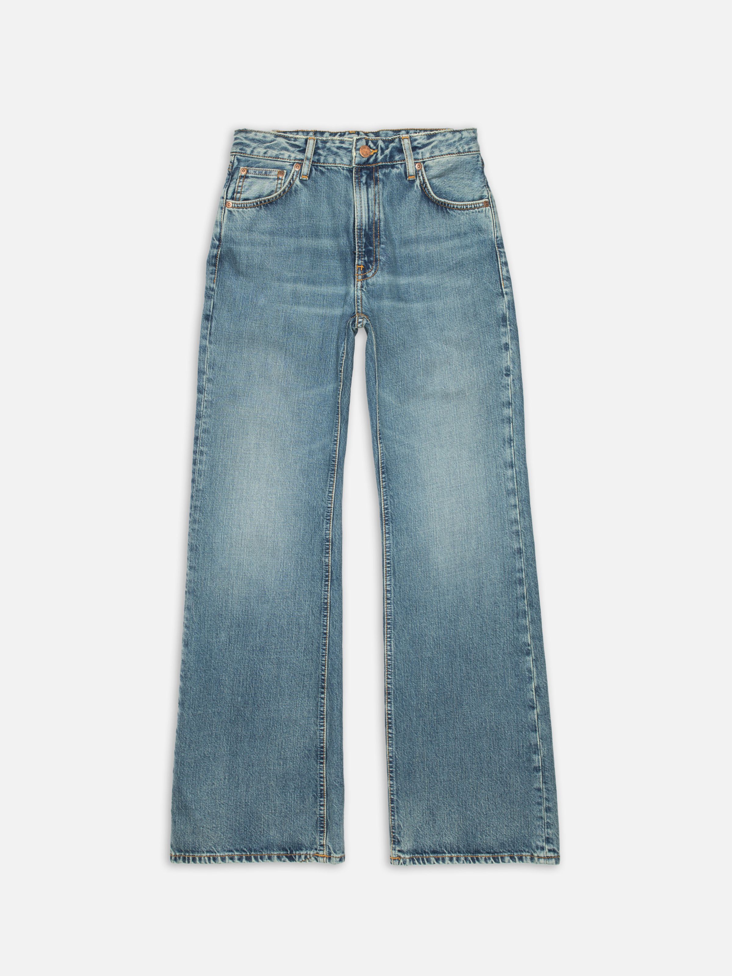 Nudie Jeans Dusty Dee Streaky Wash, women's flared leg jeans, laid flat to show the full garment front.