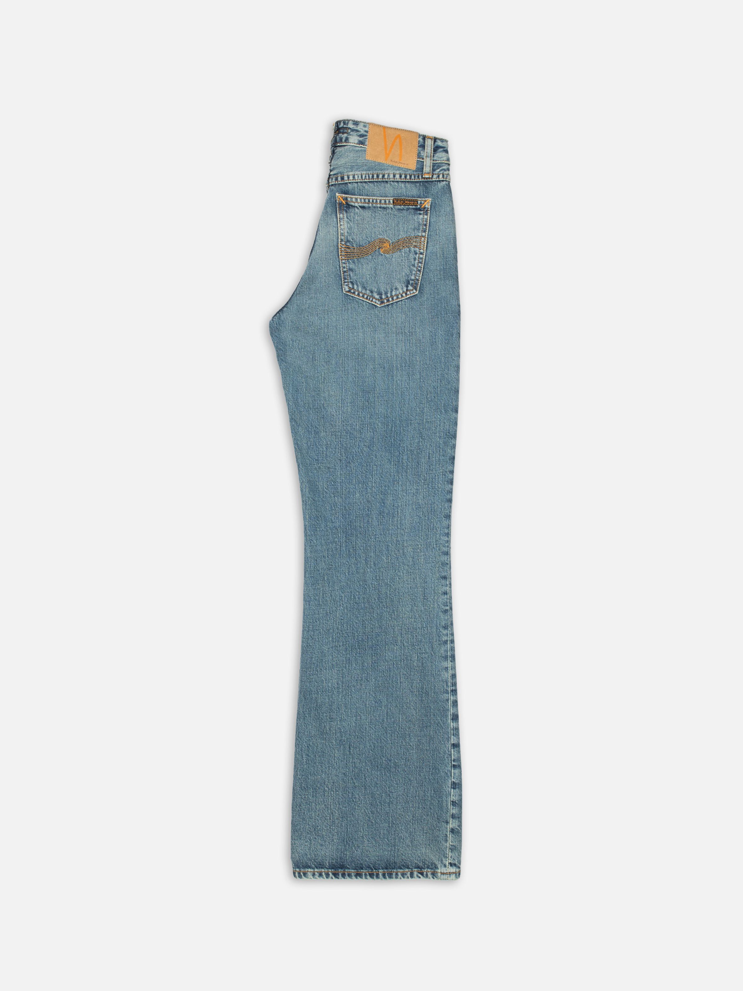 Nudie Jeans Dusty Dee Streaky Wash, women's flared leg jeans laid flat and folded to show the back.
