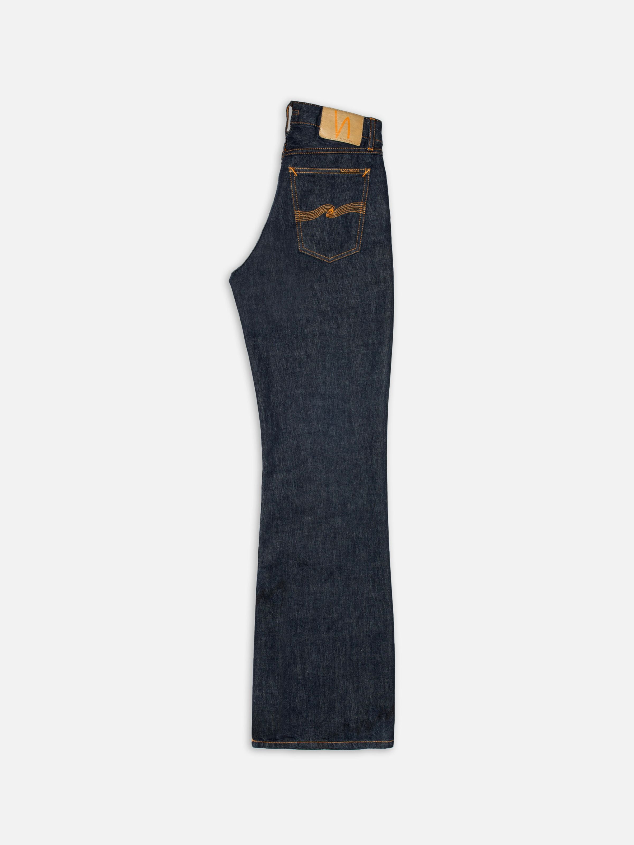 Nudie Jeans Dusty Dee One Wash, women's flared jeans, folded to show the side profile and back pocket.