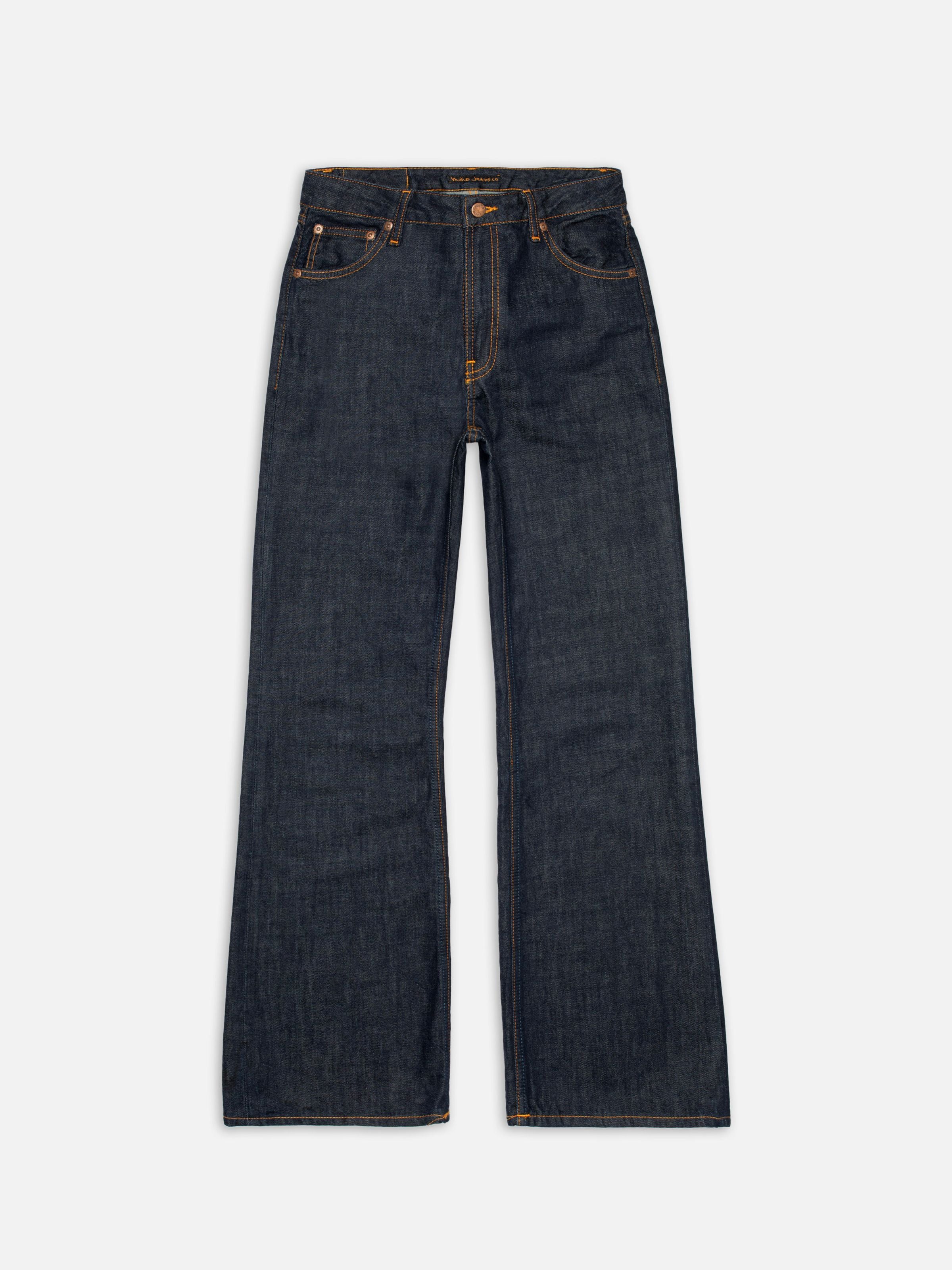 Nudie Jeans Dusty Dee One Wash, women's flared jeans, laid flat and shown from the front.
