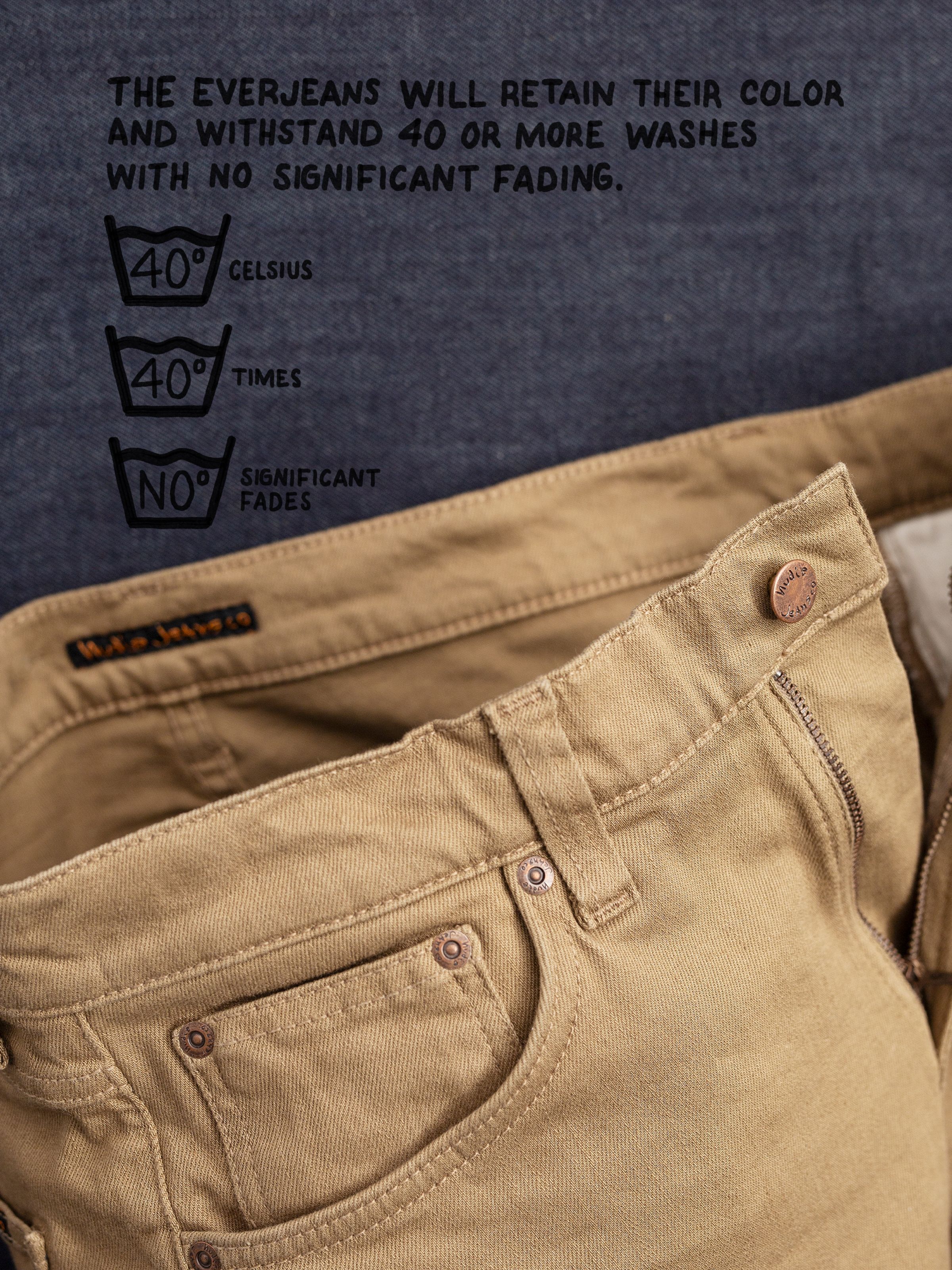 Nudie Jeans Lean Dean Everlion, detail shot of the front pocket highlighting the fabric's ability to retain color.