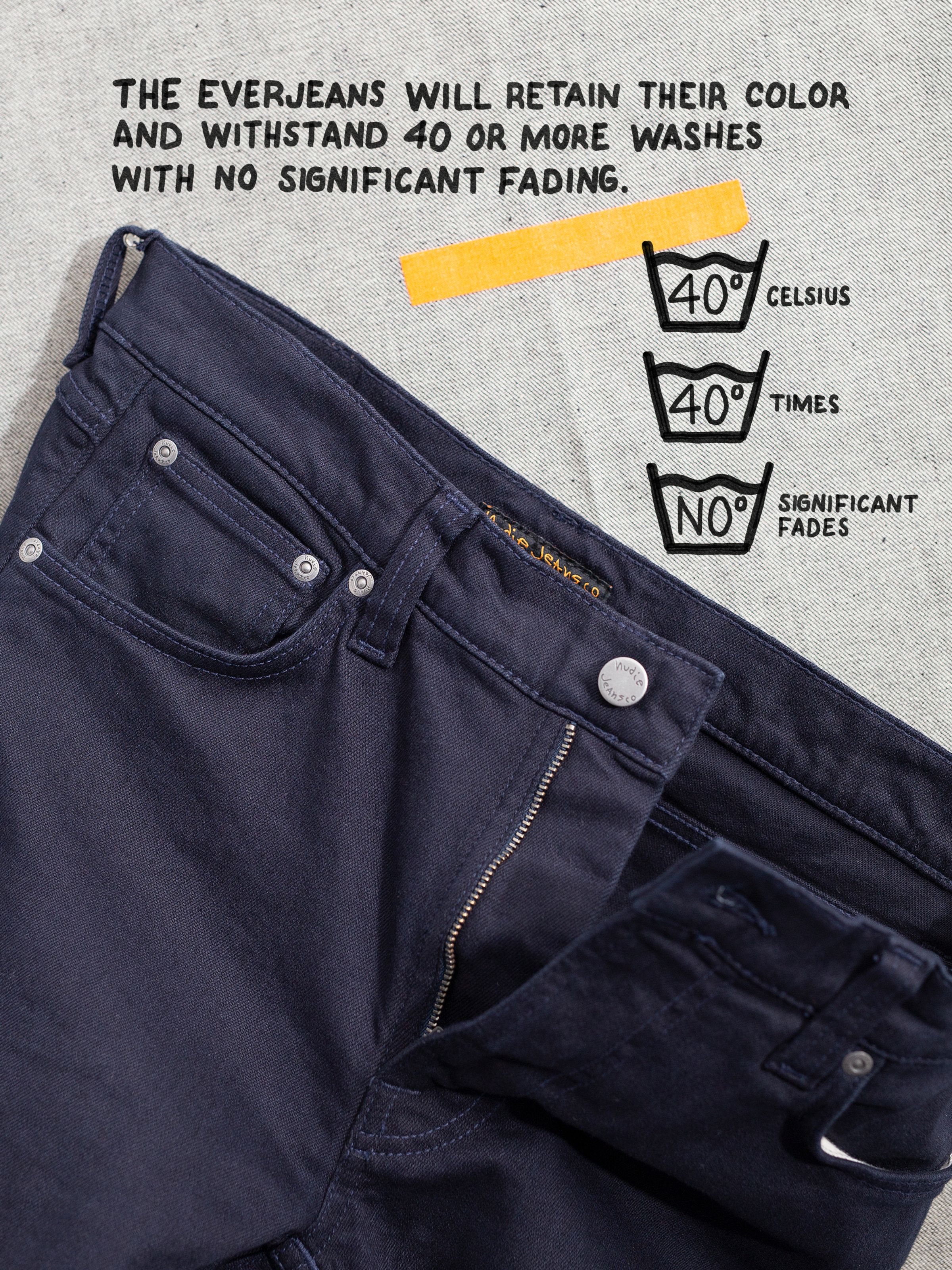 Nudie Jeans Lean Dean Everblue, men's slim tapered jeans, close-up view showing the fly and graphic about color retention.
