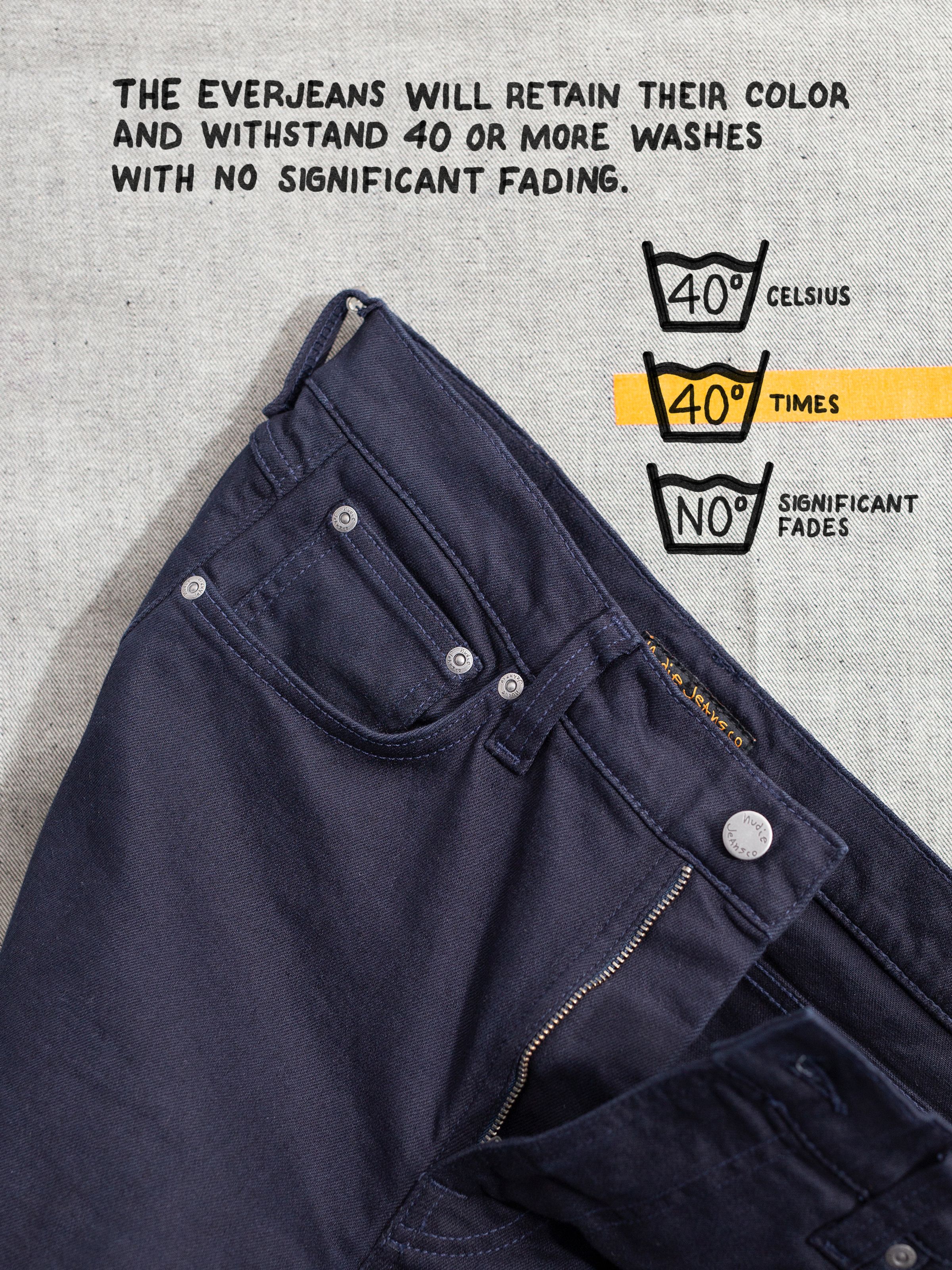 Nudie Jeans Gritty Jackson Everblue, men's jeans, close-up of the front with text about its lasting color after washing.