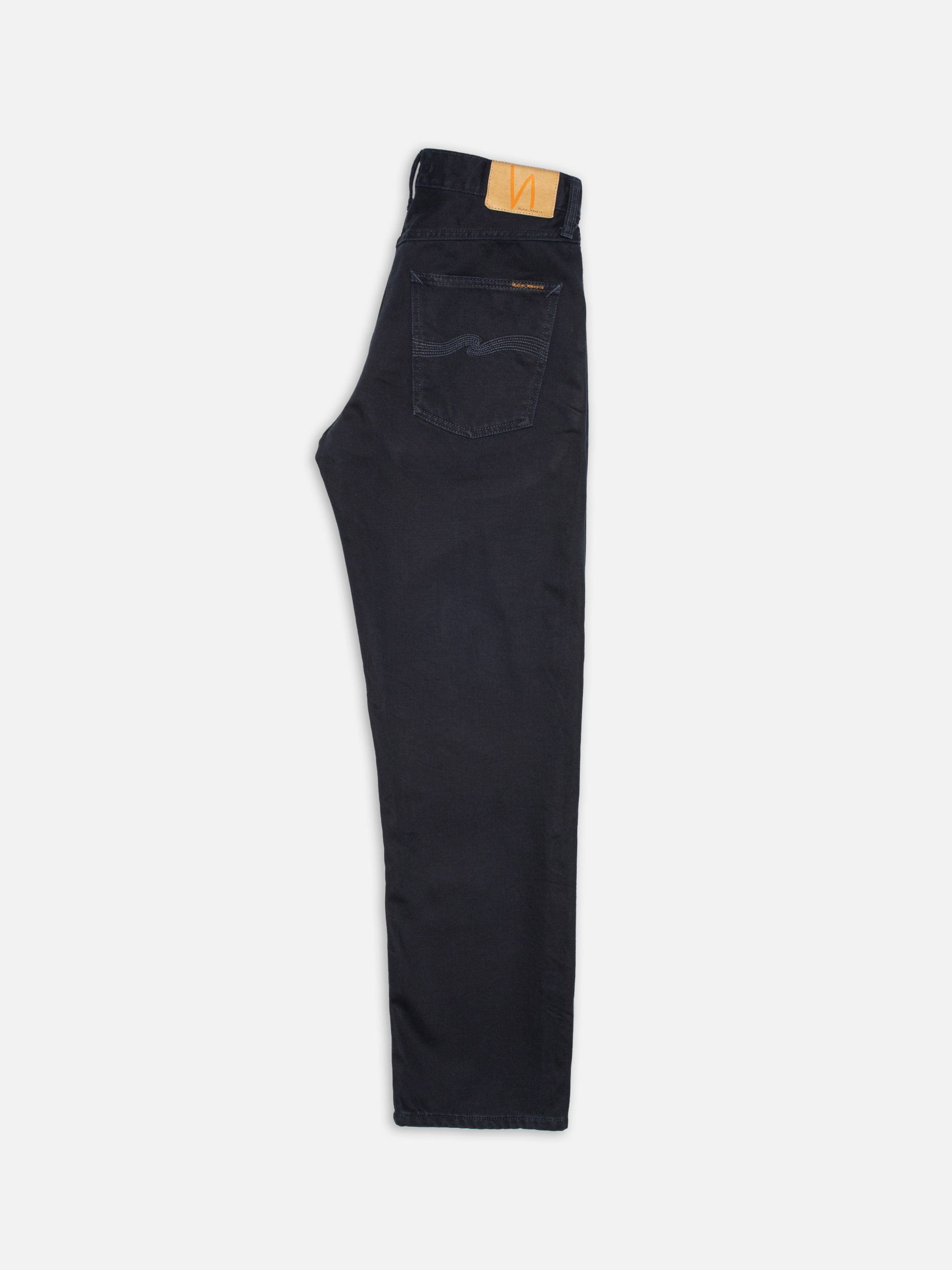 Nudie Jeans Rad Rufus Everblue, men's regular fit straight leg jeans, shown folded and laid flat.