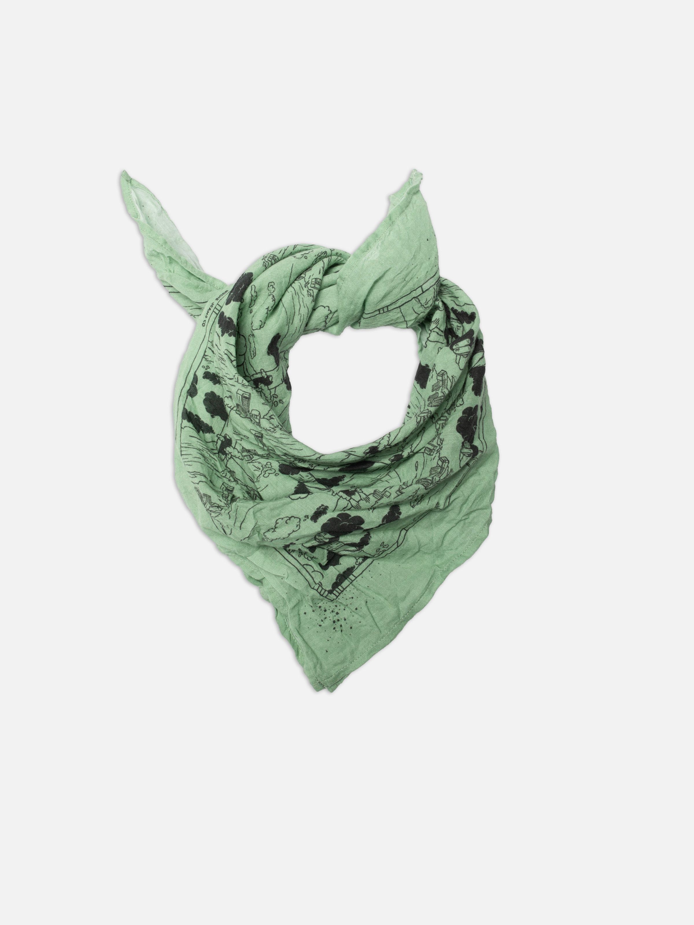 Nudie Jeans Ingrid Bandana Drift Away Turquoise, a knotted organic cotton scarf with black artwork.