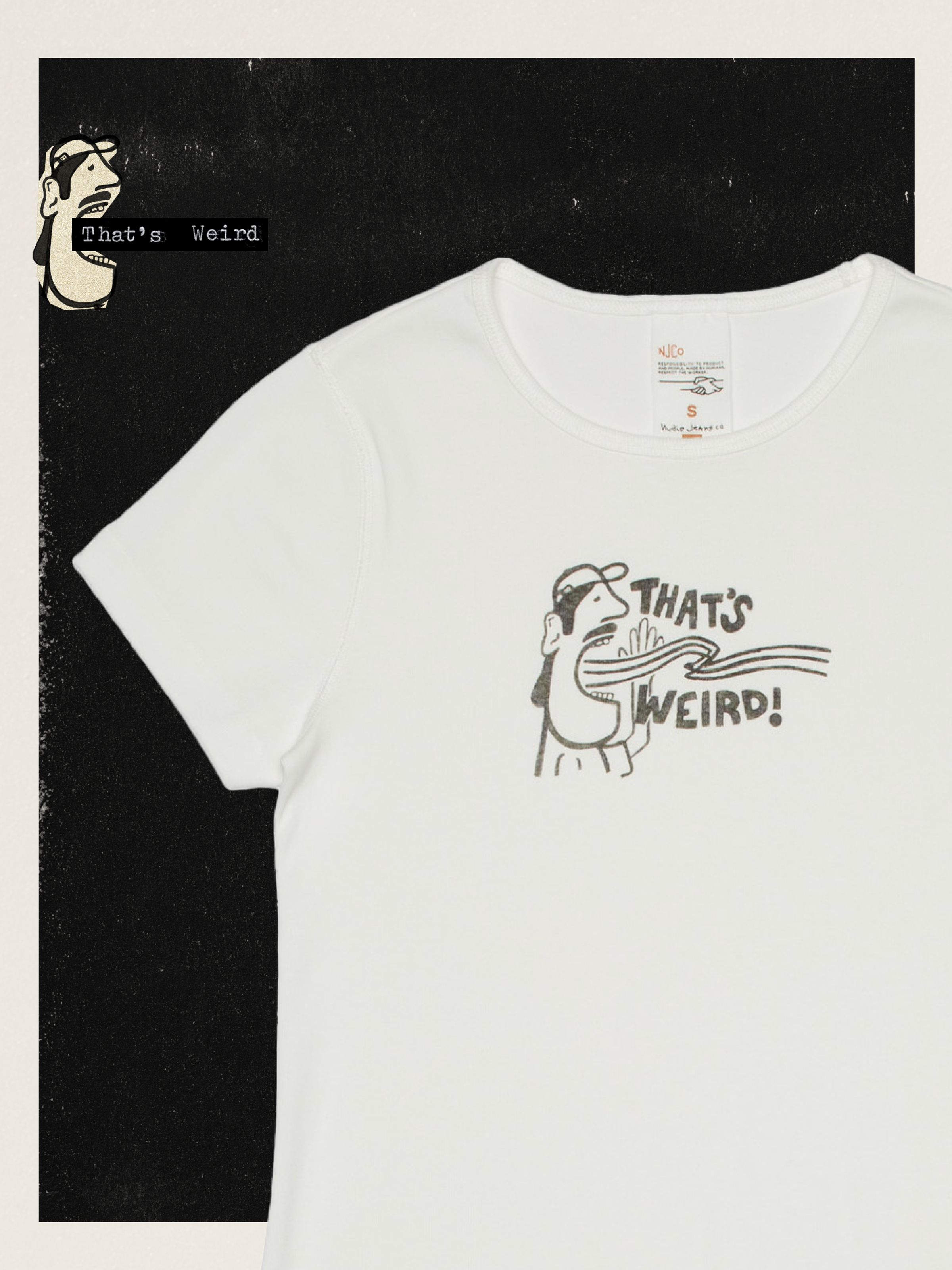 Nudie Jeans Eve T-Shirt That's Weird in Offwhite, close-up of the chest print on organic cotton rib knit fabric.