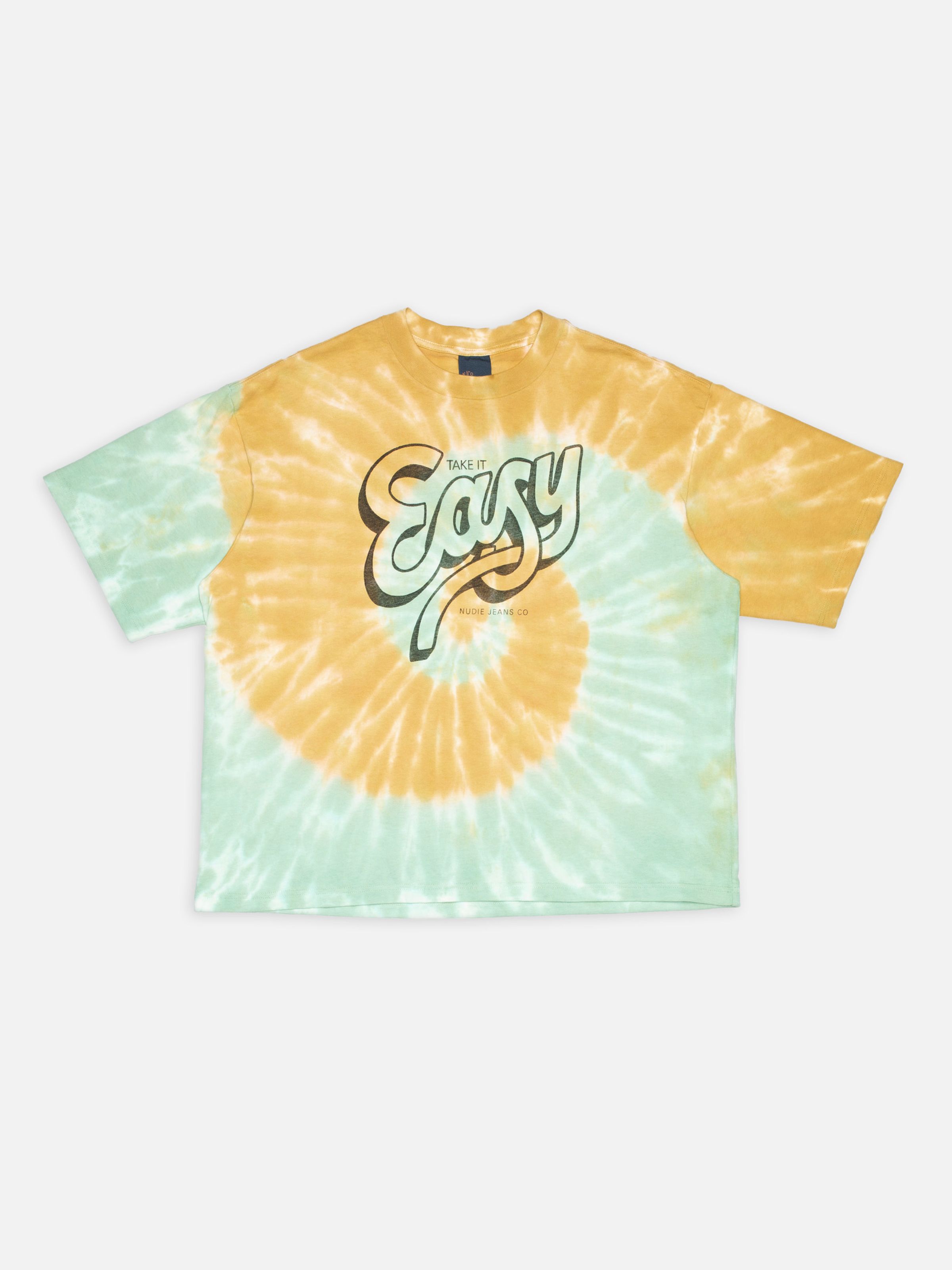 Nudie Jeans Rita T-Shirt Take It Easy, women's organic cotton tie-dye t-shirt with chest print, shown as a flatshot.