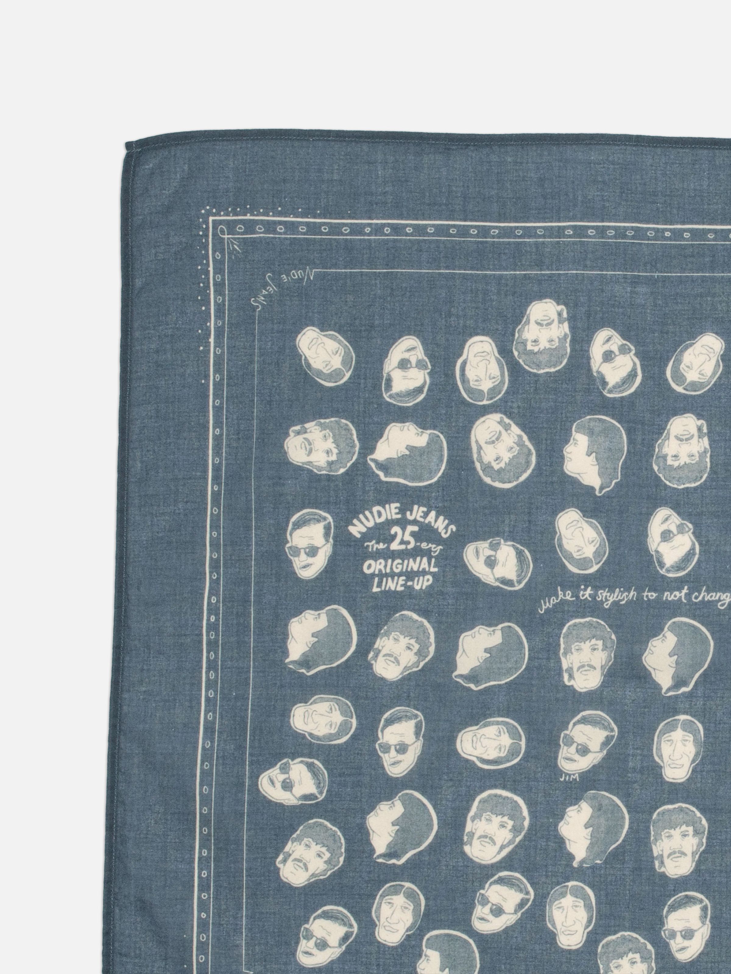 Nudie Jeans Ingrid Bandana OG Line Up Blue, close-up of the organic cotton fabric showing the original line-up print.