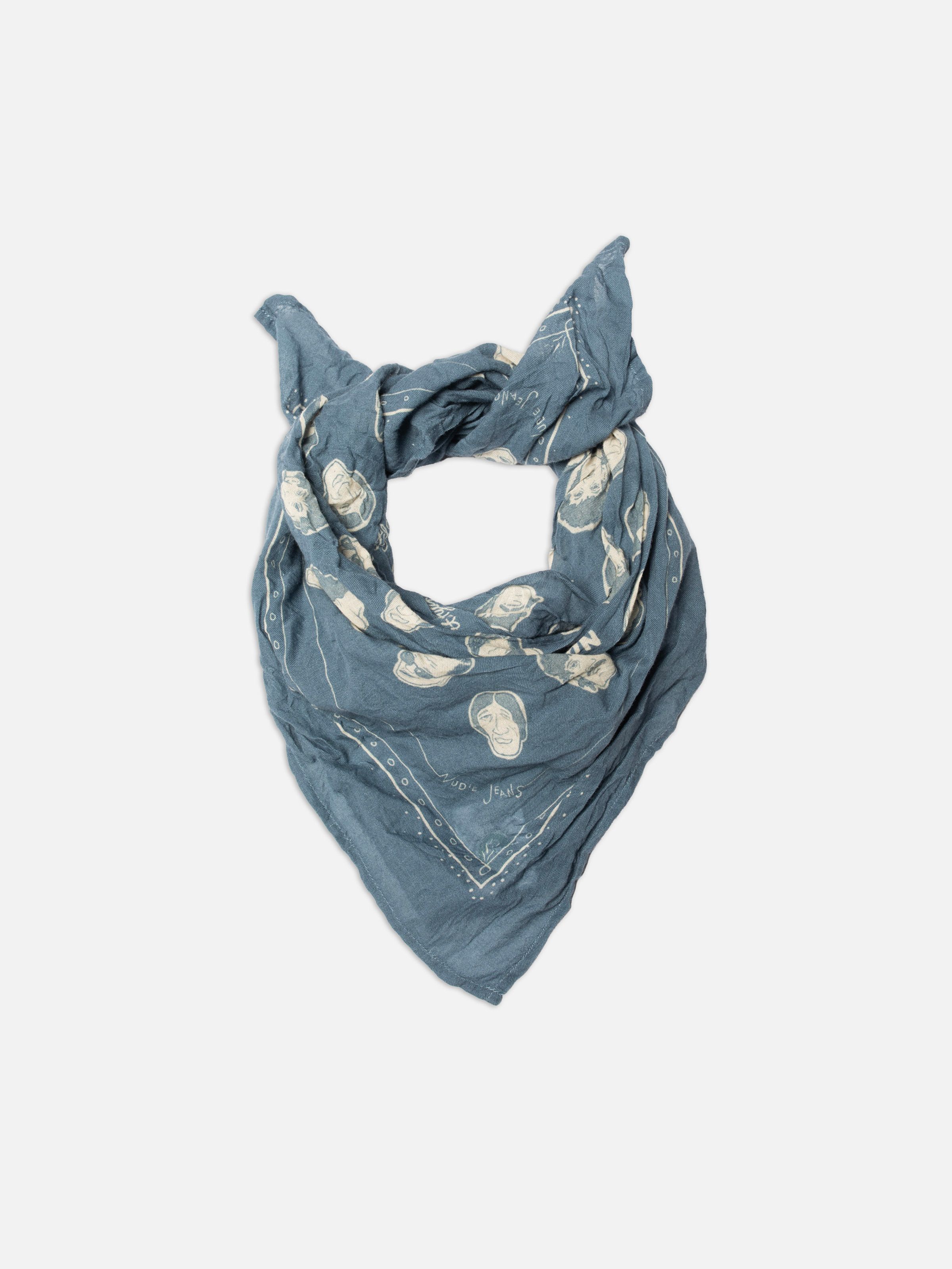 Nudie Jeans Ingrid Bandana OG Line Up Blue, organic cotton scarf with an all-over print against a white background.