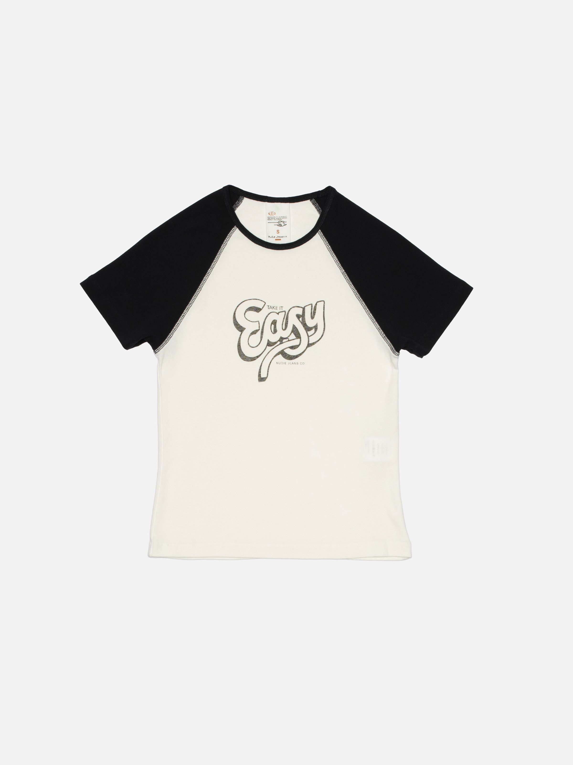 Nudie Jeans Eve T-Shirt Take It Easy in Offwhite/Black, women's slim-fit raglan tee shown flat from the front.