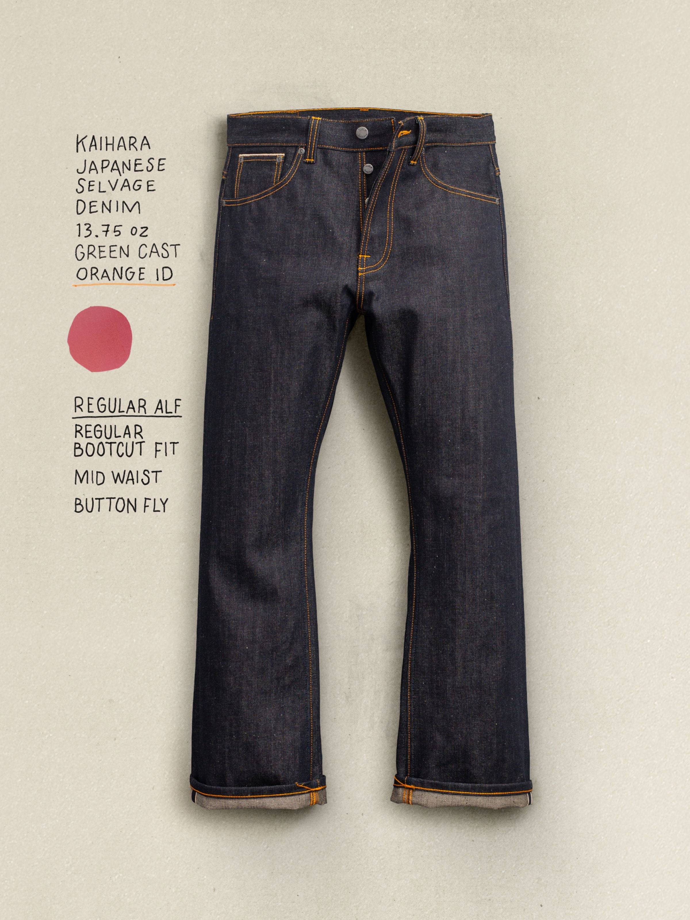 Nudie Jeans Regular Alf Dry Selvage, men's regular bootcut fit jeans in rigid selvedge denim with handwritten product notes.