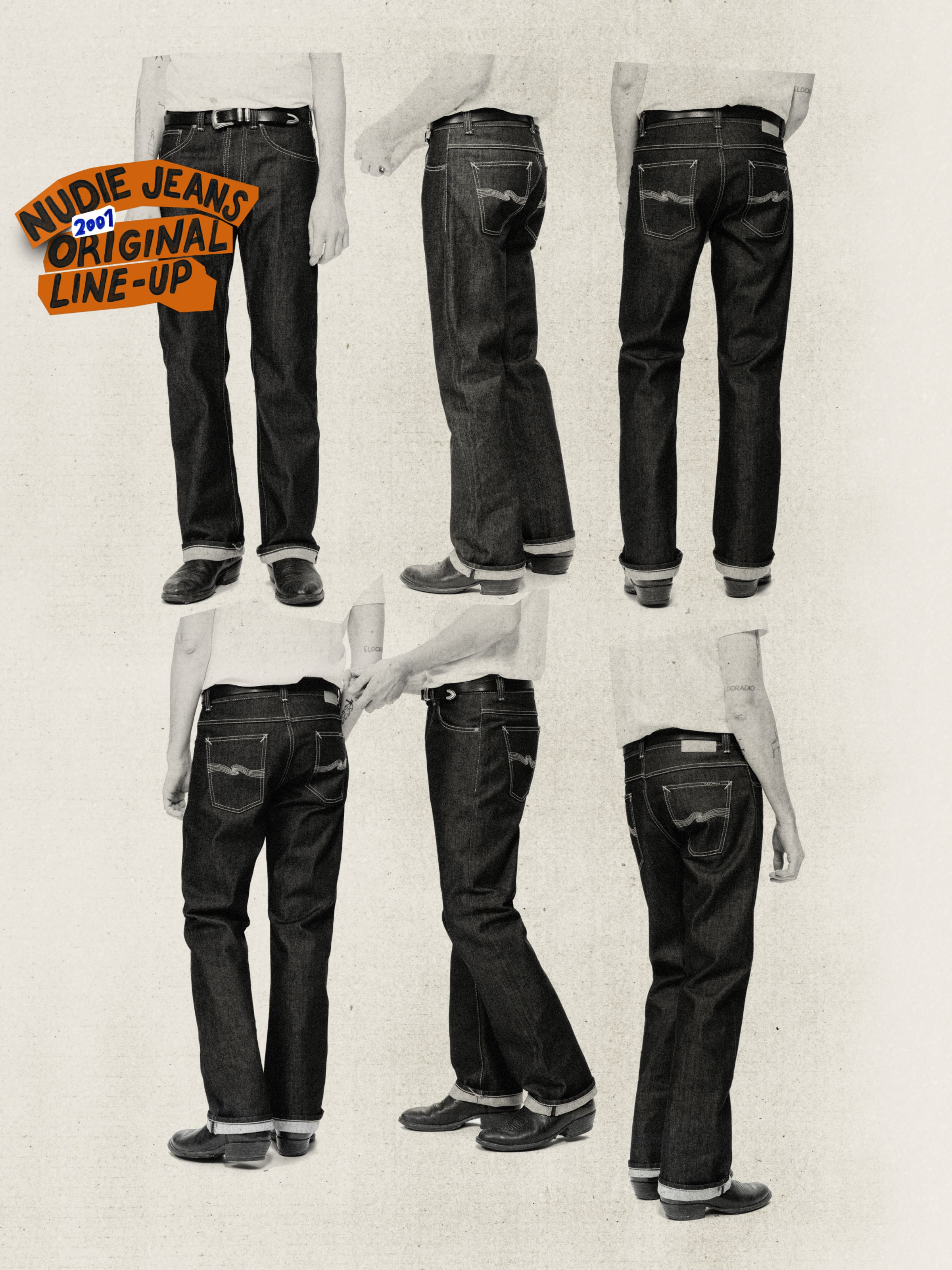 Nudie Jeans Regular Alf Dry Selvage, Herren-Bootcut-Jeans in normaler Passform aus rigid Selvedge Denim, mehrere Ansichten.