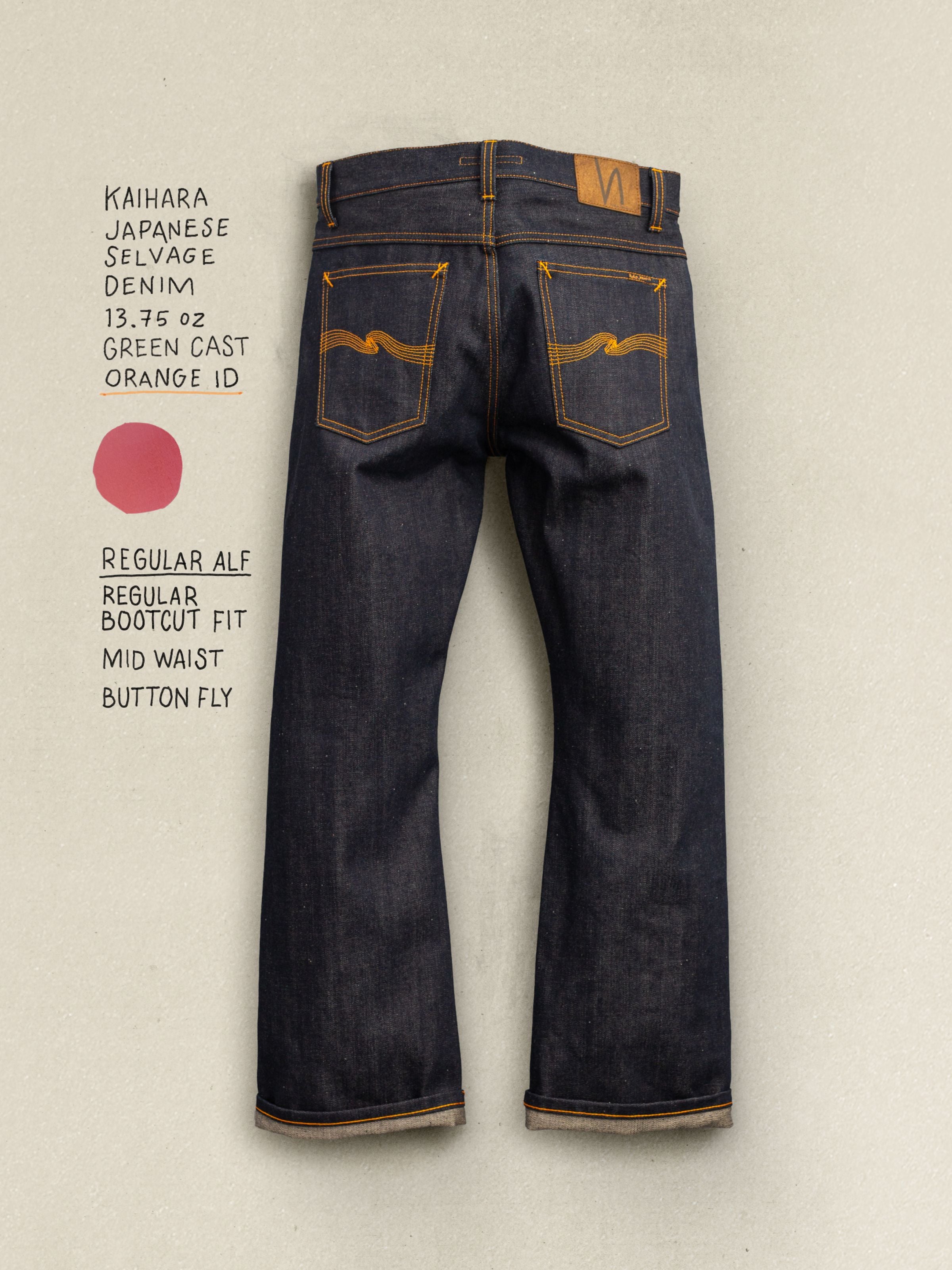 Nudie Jeans Regular Alf Dry Selvage, men's bootcut selvedge jeans, shown from the back with handwritten details.