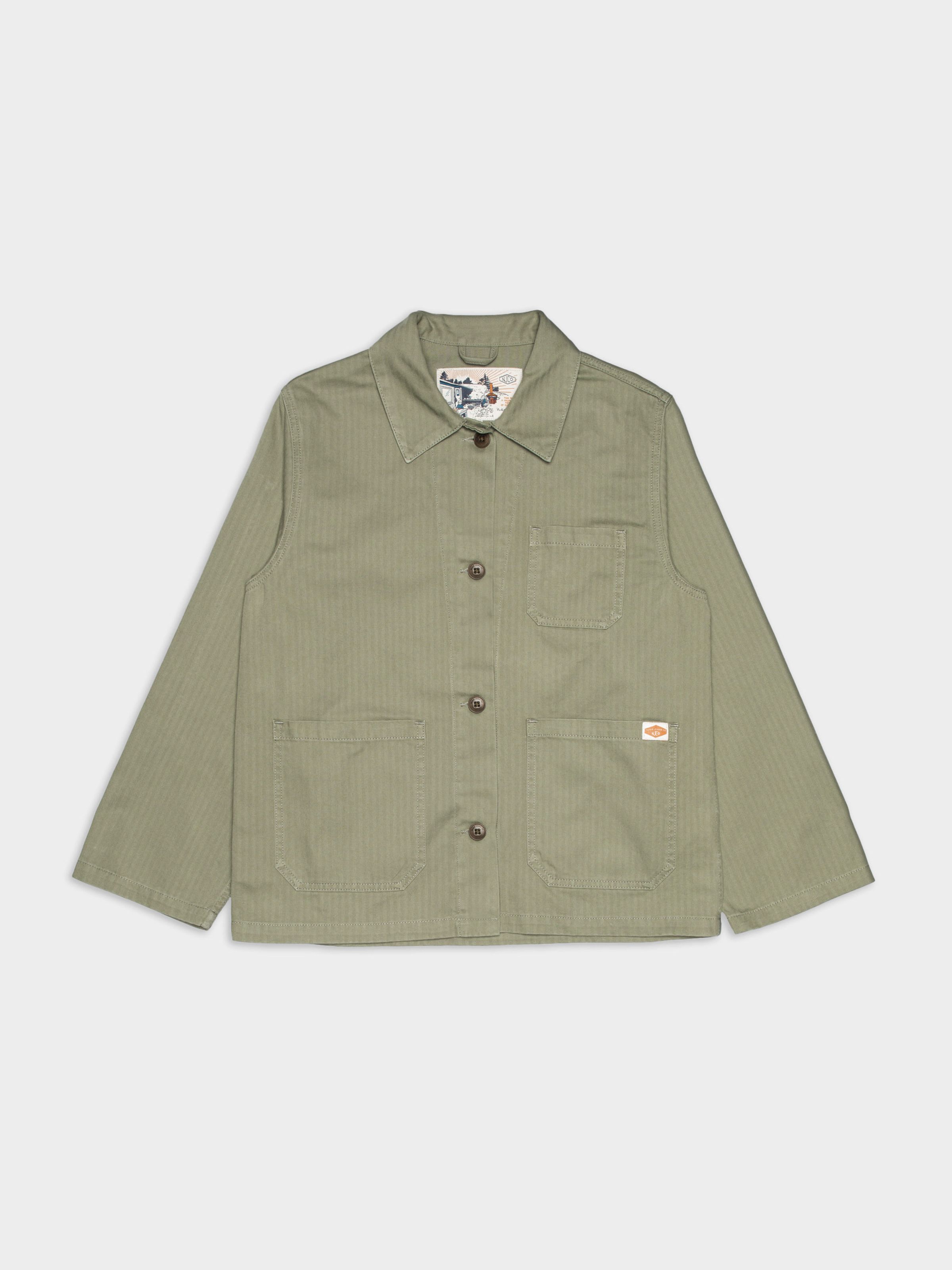 Nudie Jeans Lovis Herringbone Jacket in Pale Green, a women's work jacket shown in a flat lay.