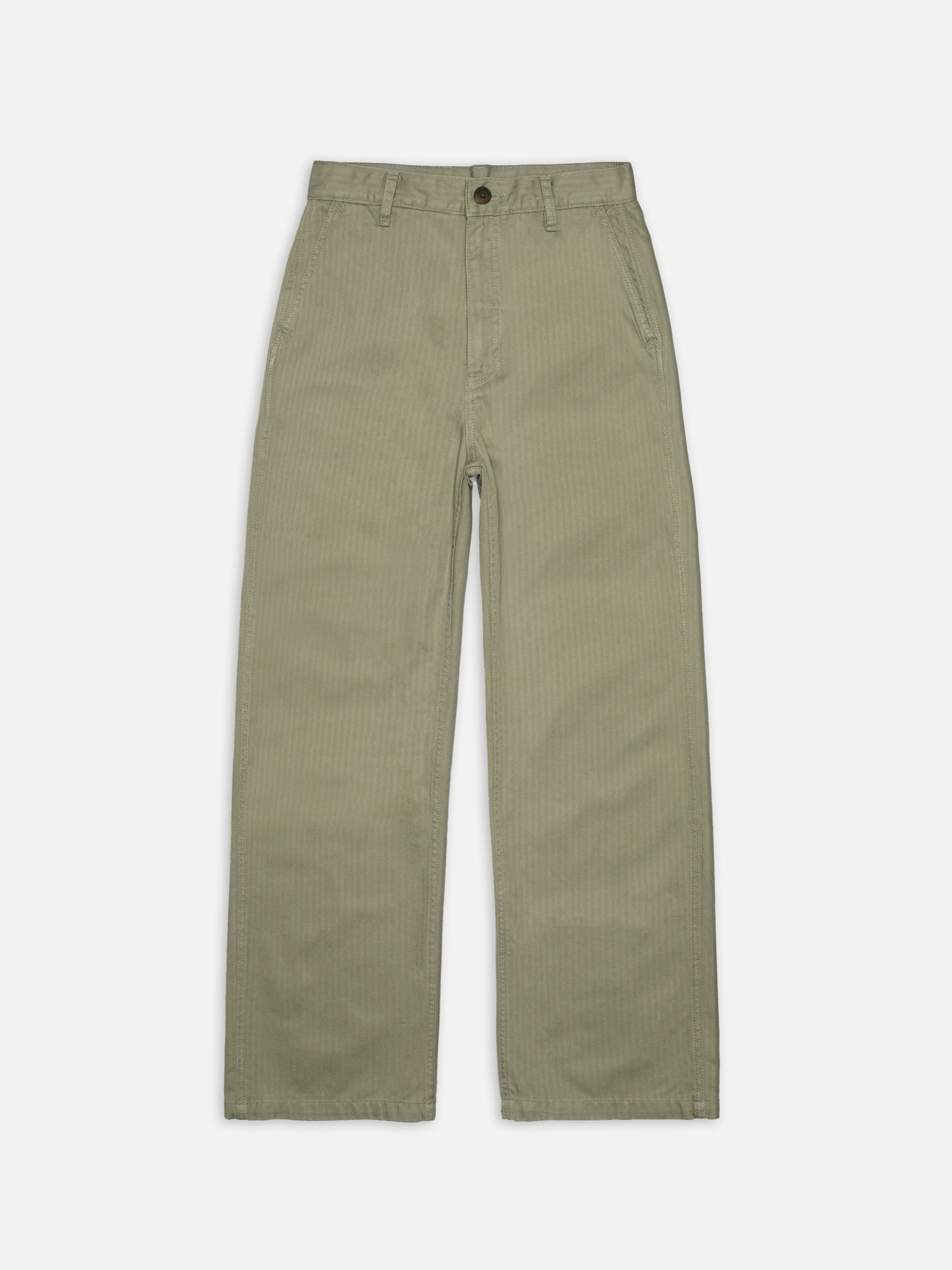 Nudie Jeans Wendy Herringbone Pale Green, women's wide-leg pants, laid flat showing the front.