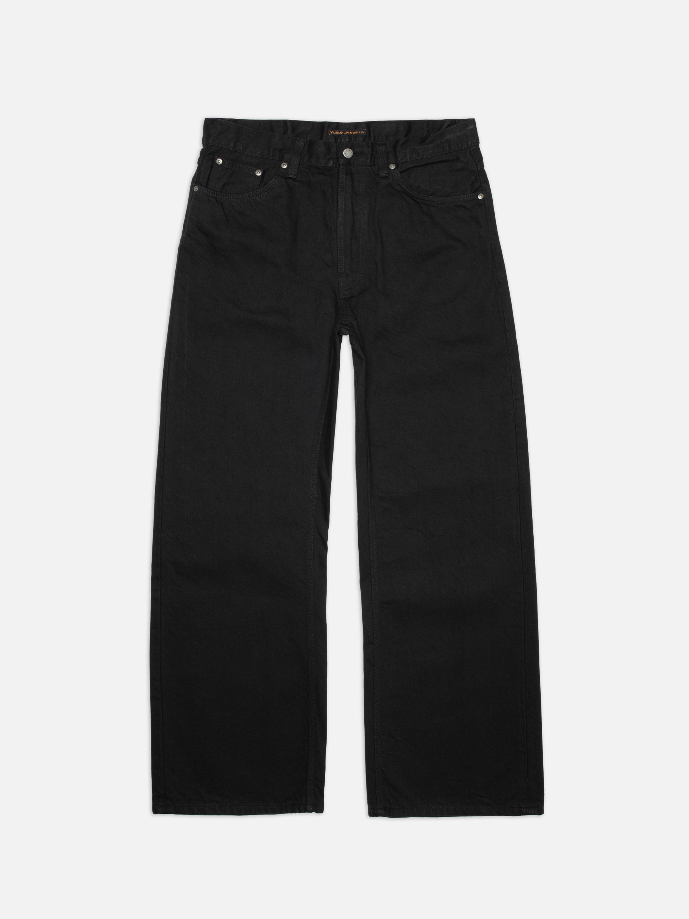 Nudie Jeans Loud Larry Black Water, a pair of men's loose fit wide leg jeans in black denim, shown laid flat.