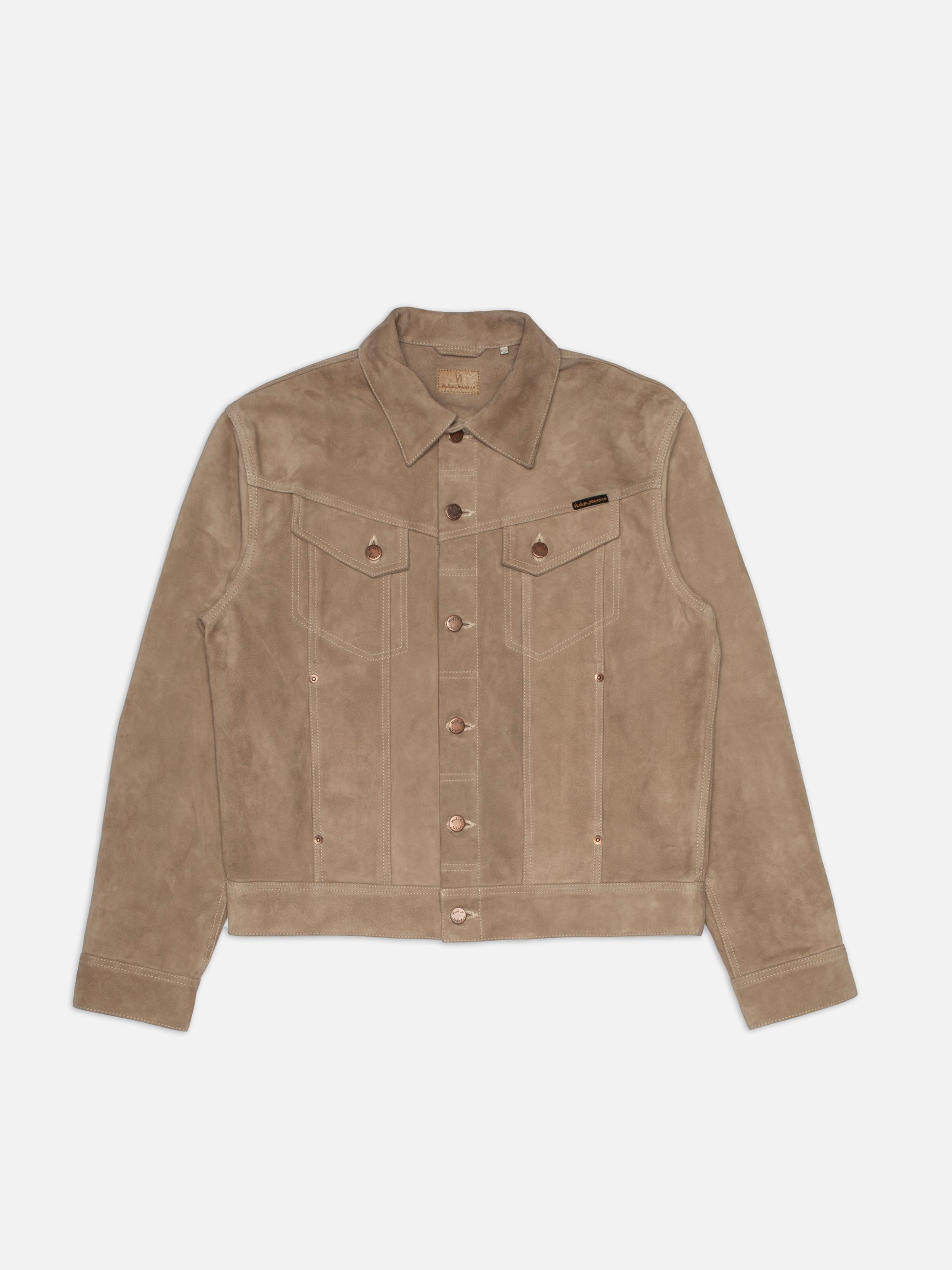 Nudie Jeans Willy Suede Jacket in Mud, a men's goat suede jacket shown flat from the front.