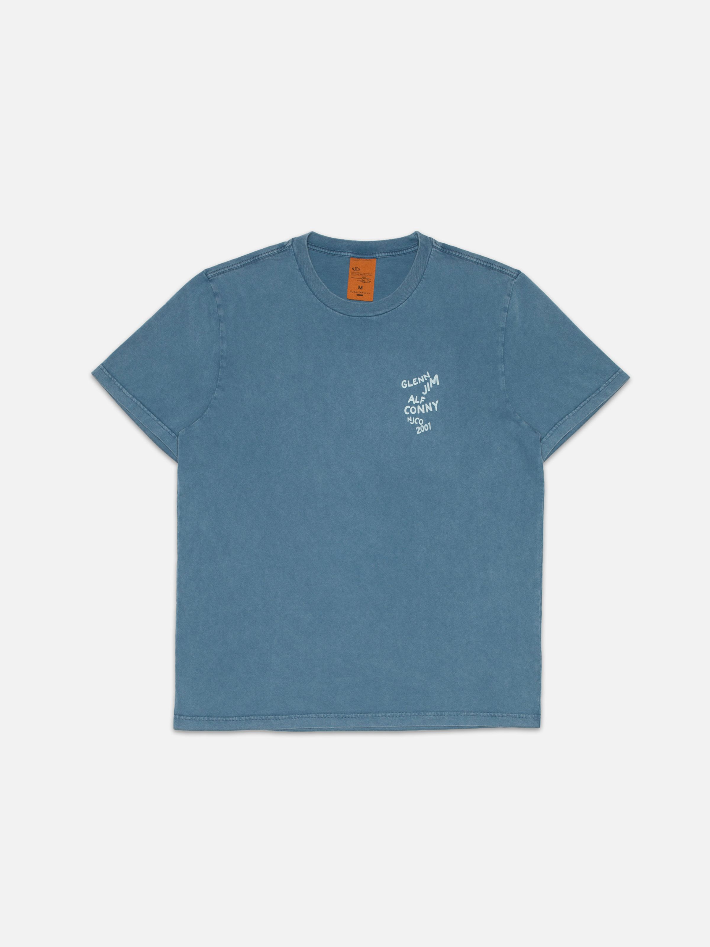 Nudie Jeans Roy T-Shirt OG Line-Up in French Blue, a flat lay shot showing the chest print and front of the shirt.