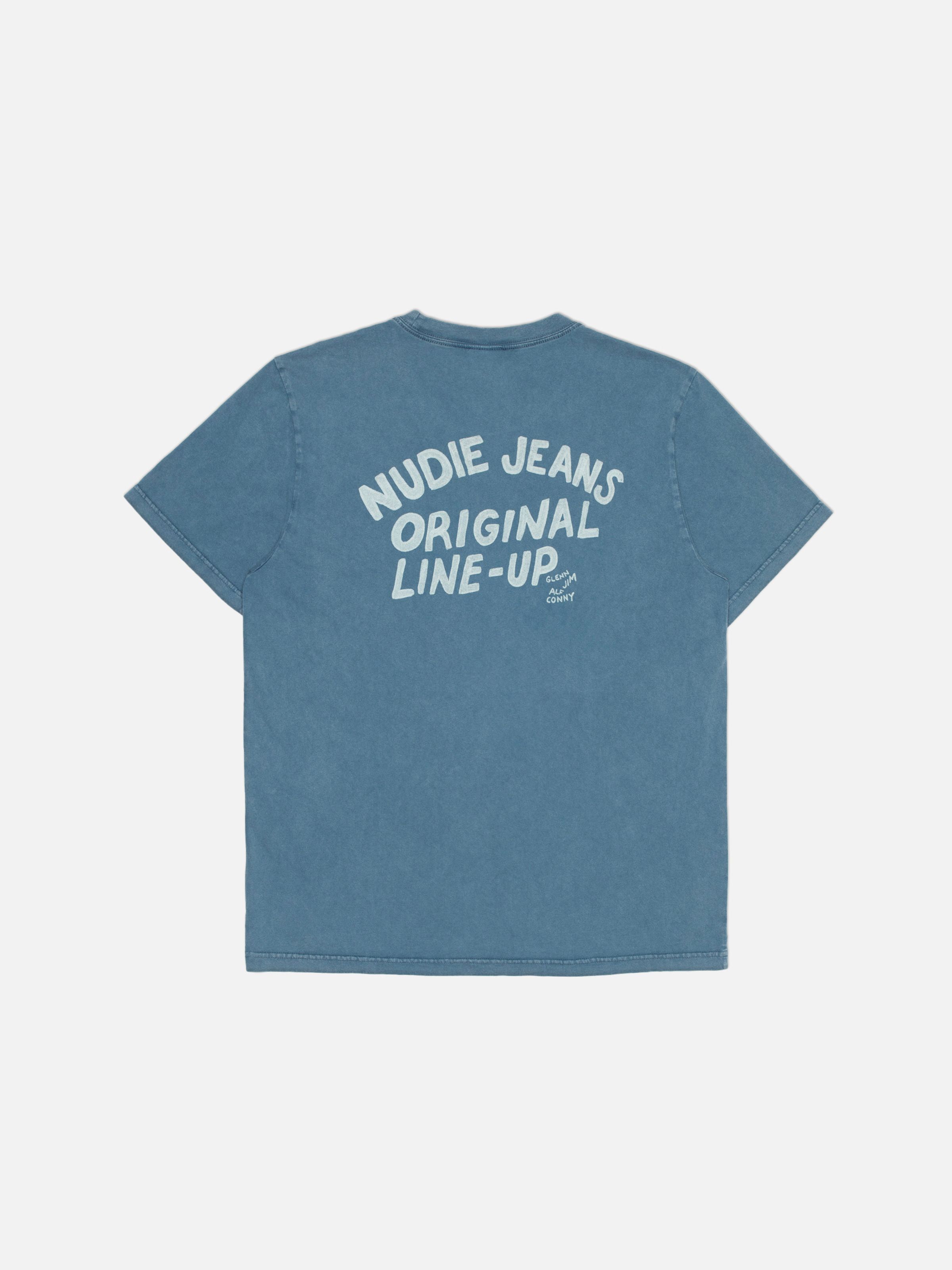 Nudie Jeans Roy T-Shirt OG Line-Up in French Blue, showing the back of the shirt with white graphic print.