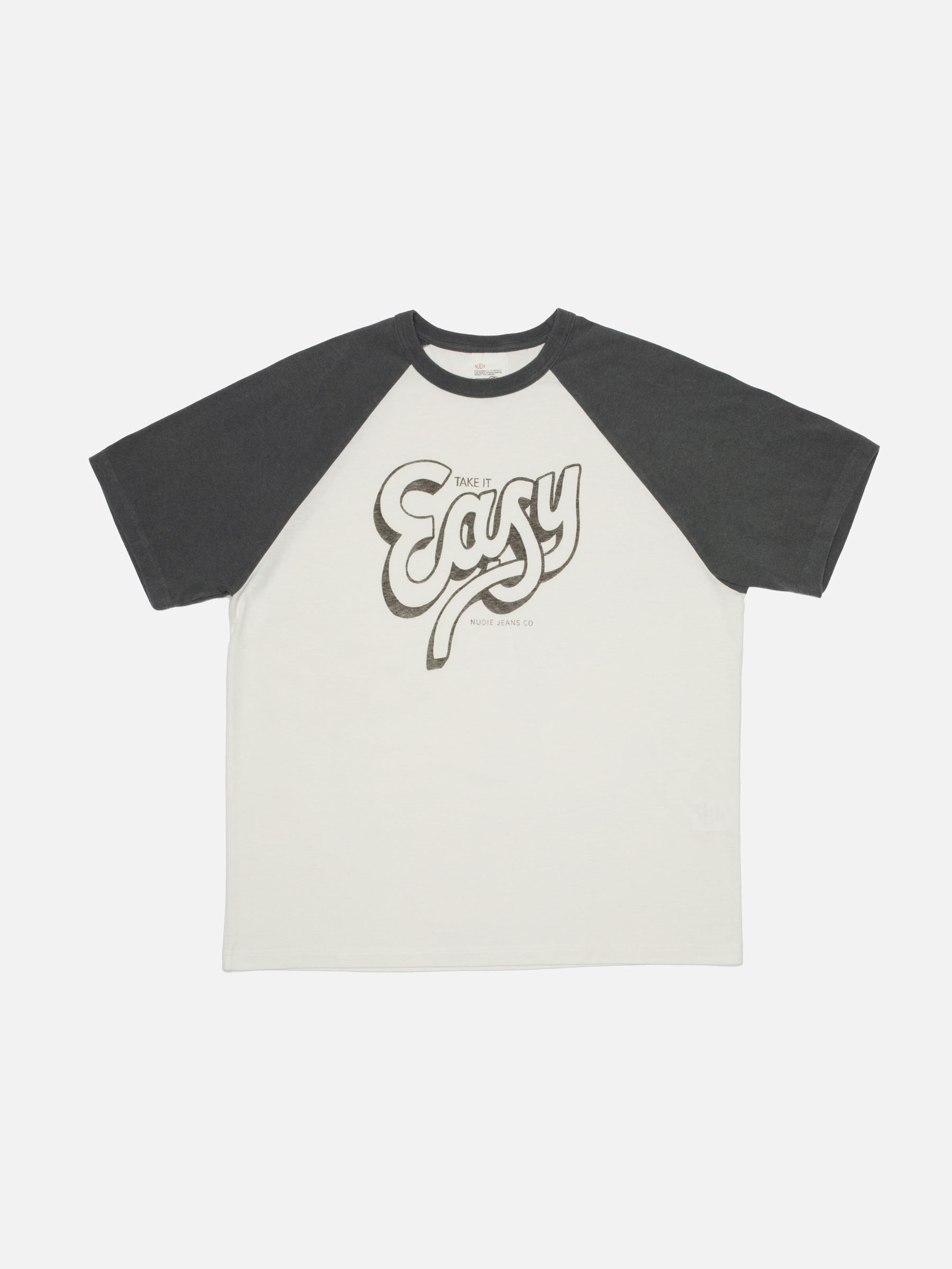 Nudie Jeans Roy Raglan T-Shirt Take It Easy, off-white with black raglan sleeves, flat shot showing chest print.