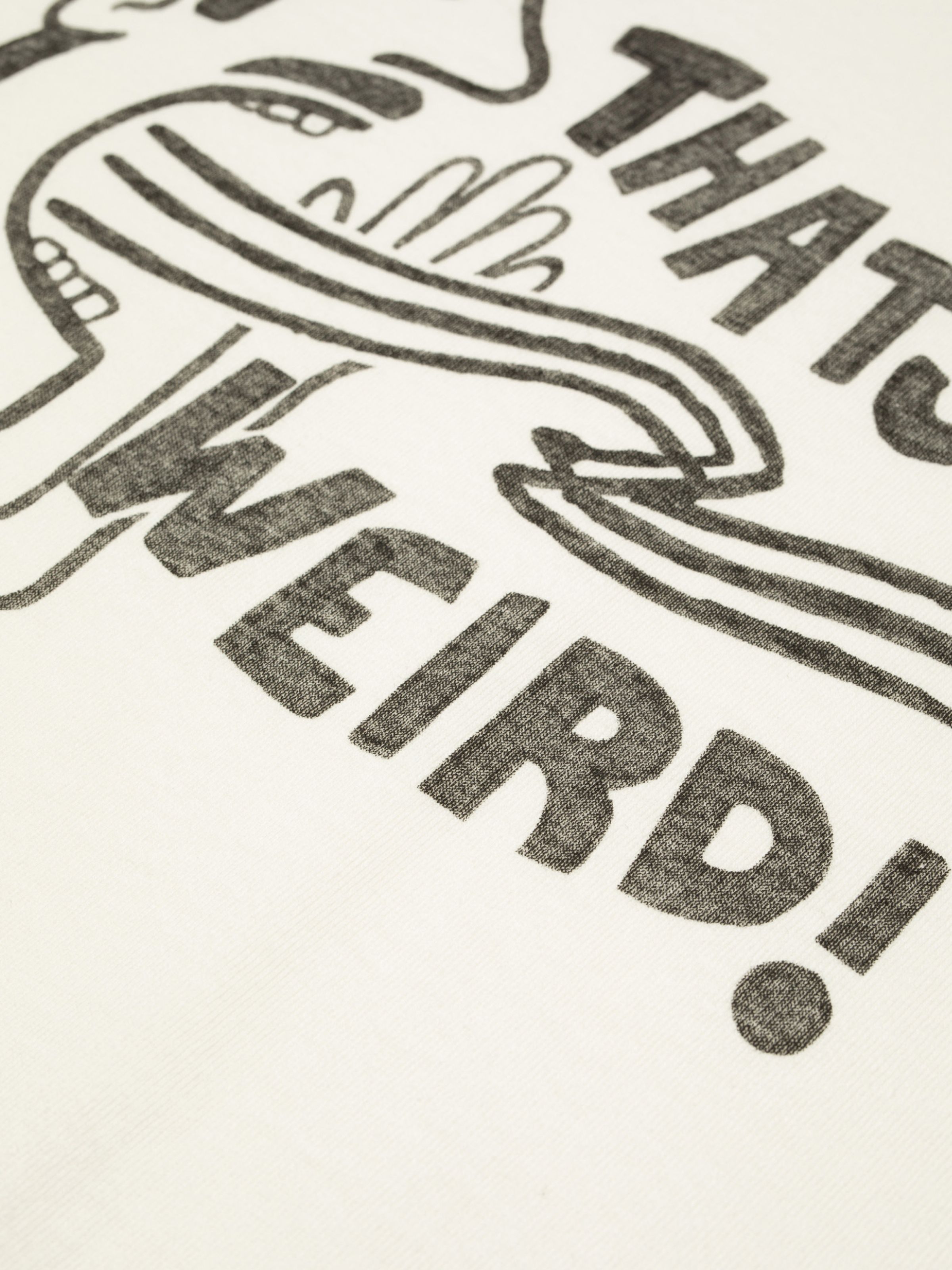 Nudie Jeans Koffe T-Shirt Thats Weird in Chalk White, close-up of the black chest print on organic cotton.