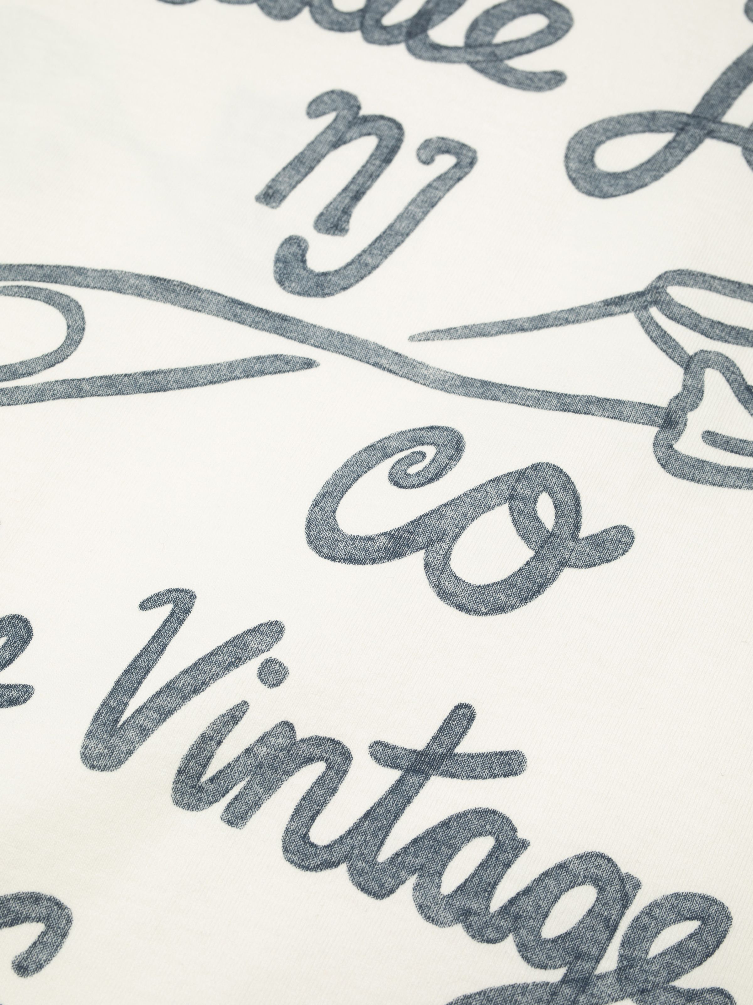 Nudie Jeans Roy T-Shirt NJCO Pin in Chalk White, close-up of the vintage-style graphic print.