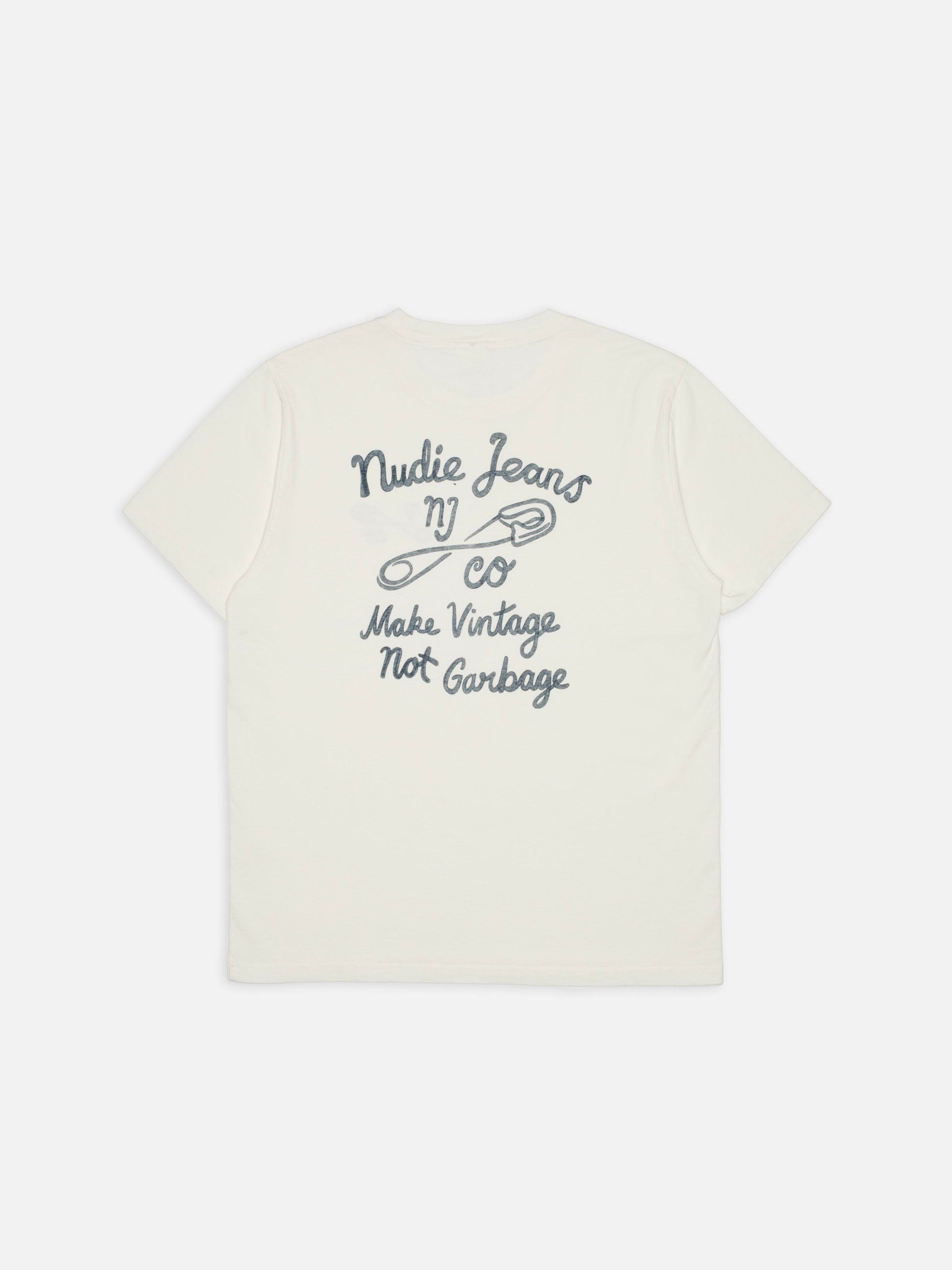 Nudie Jeans Roy T-Shirt NJCO Pin in Chalk White, flatshot of the back showing the large graphic slogan print.