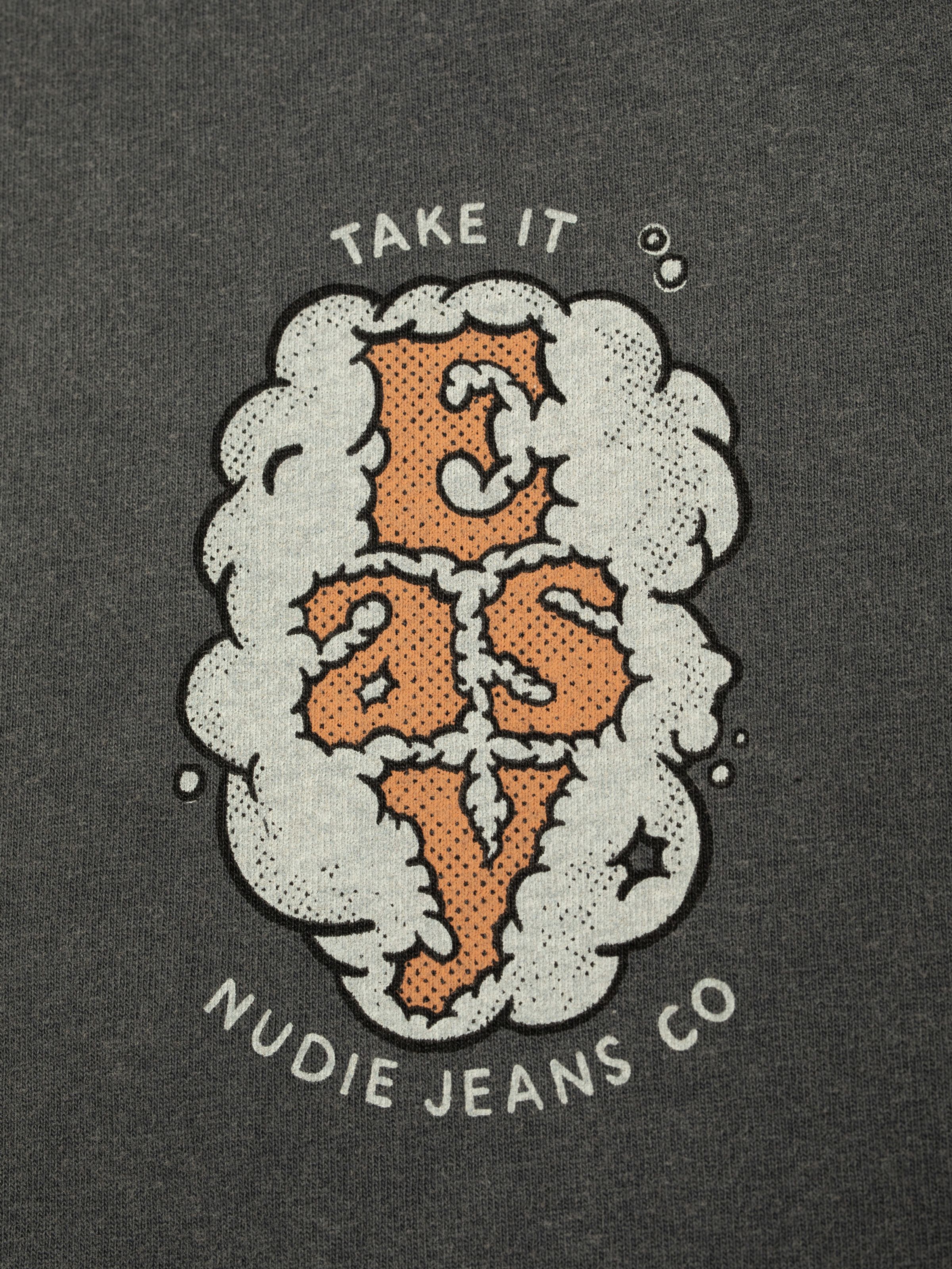 Nudie Jeans Roy T-Shirt Easy Cloud in Antracite, close-up of the fluffy graphic back print.