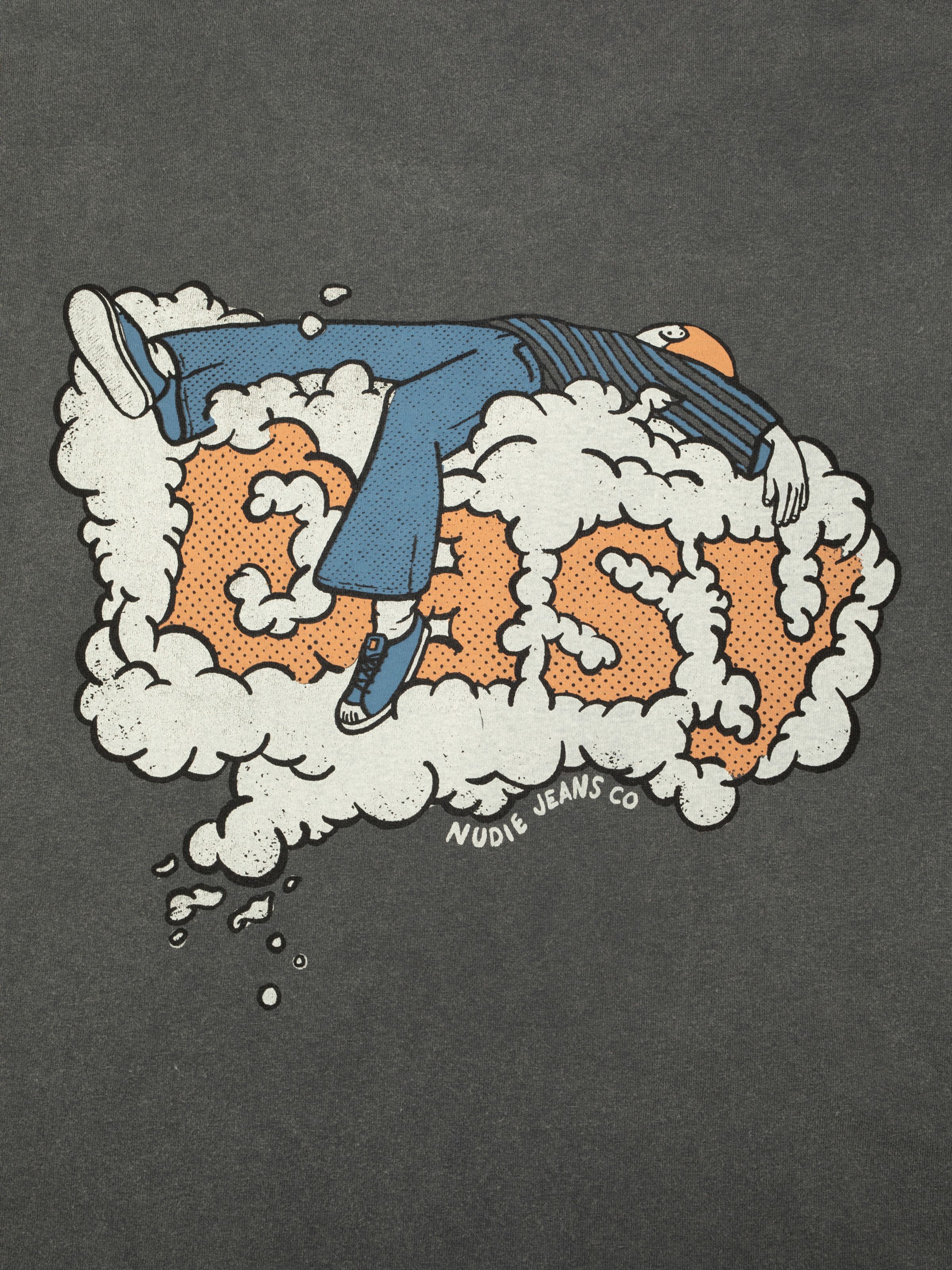 Nudie Jeans Roy T-Shirt Easy Cloud in Antracite, close-up of the back graphic print with a person on a cloud.