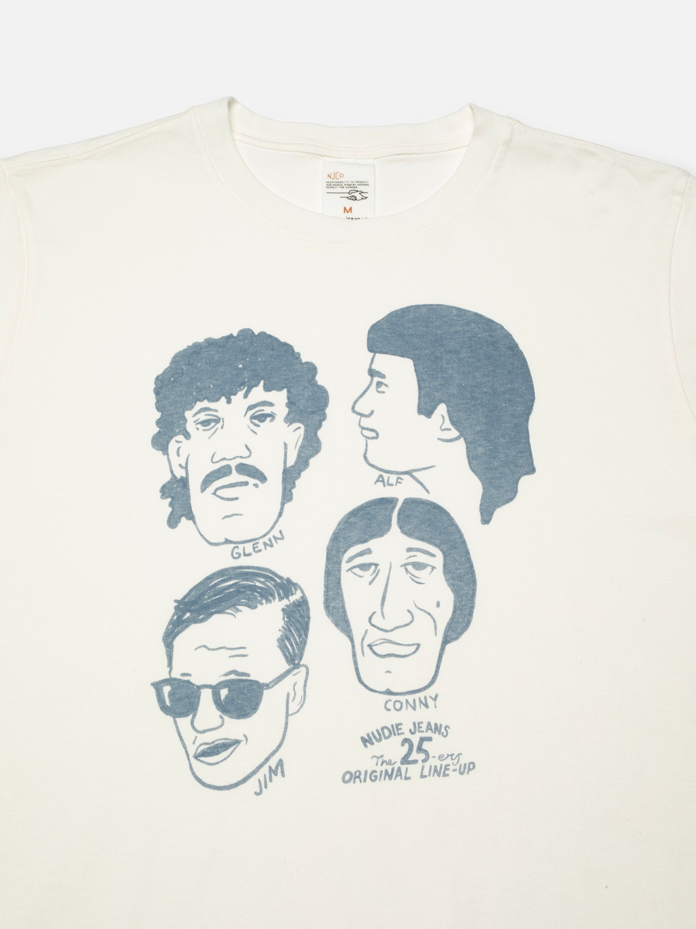 Nudie Jeans Roy T-Shirt Fab Four in Chalk White, close-up of the chest print featuring the original fit illustrations.