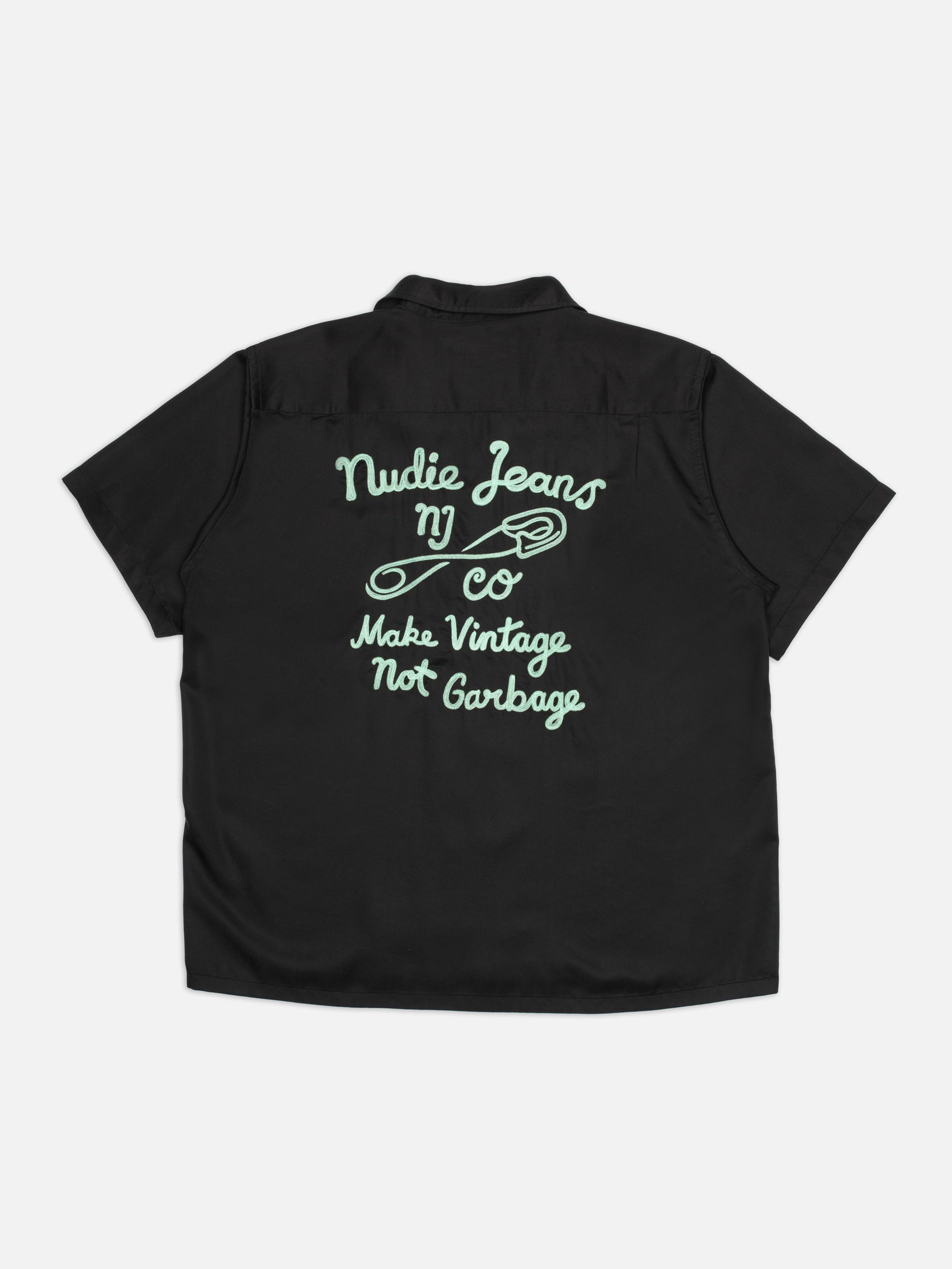 Nudie Jeans Arthur Bowling Shirt Saftey Pin, black shirt showing the mint green chain stitch embroidery on the back.