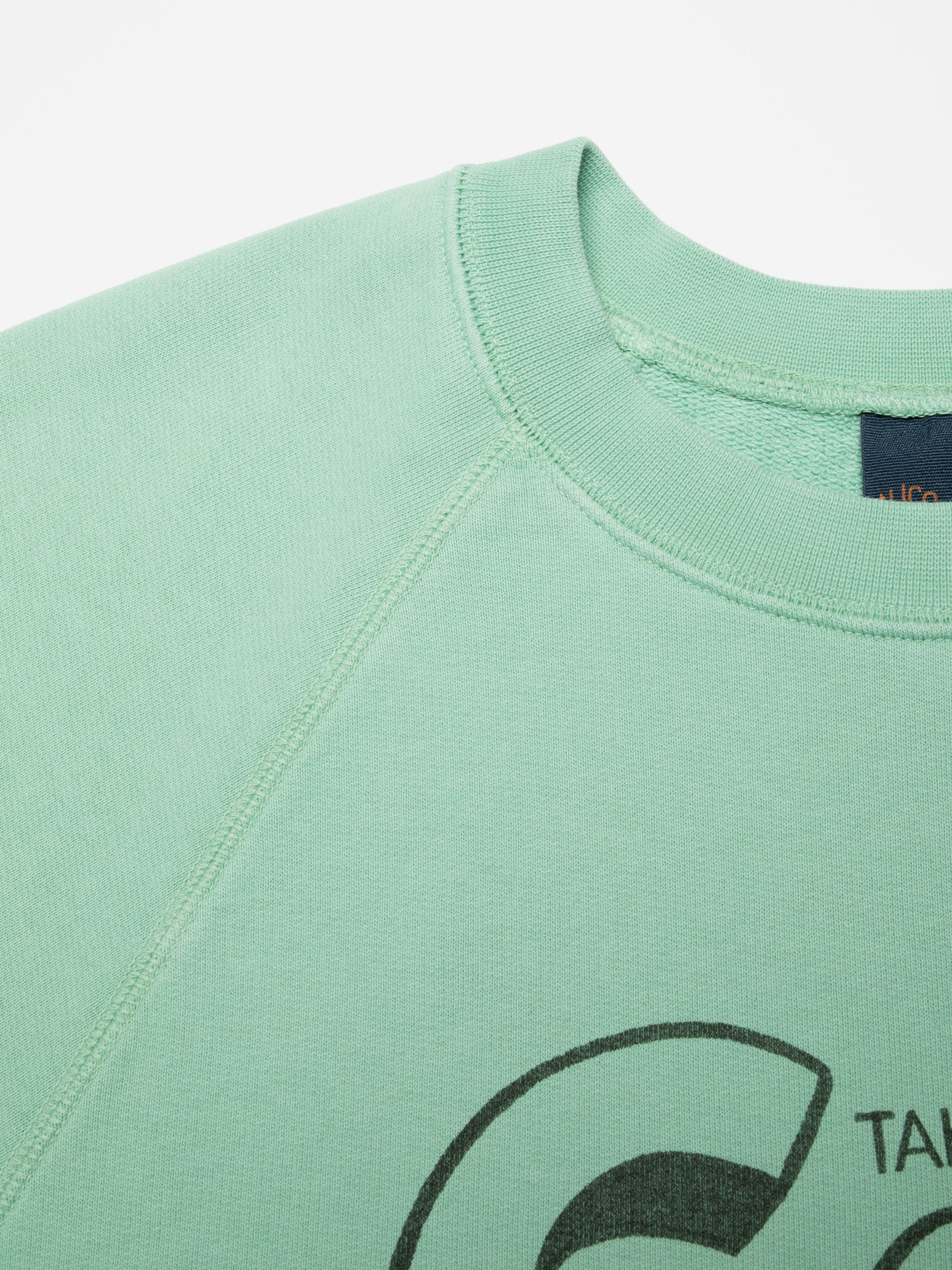 Nudie Jeans Palle Sweatshirt Take It Easy in Turquoise, close-up of the crew neck and raglan sleeve.
