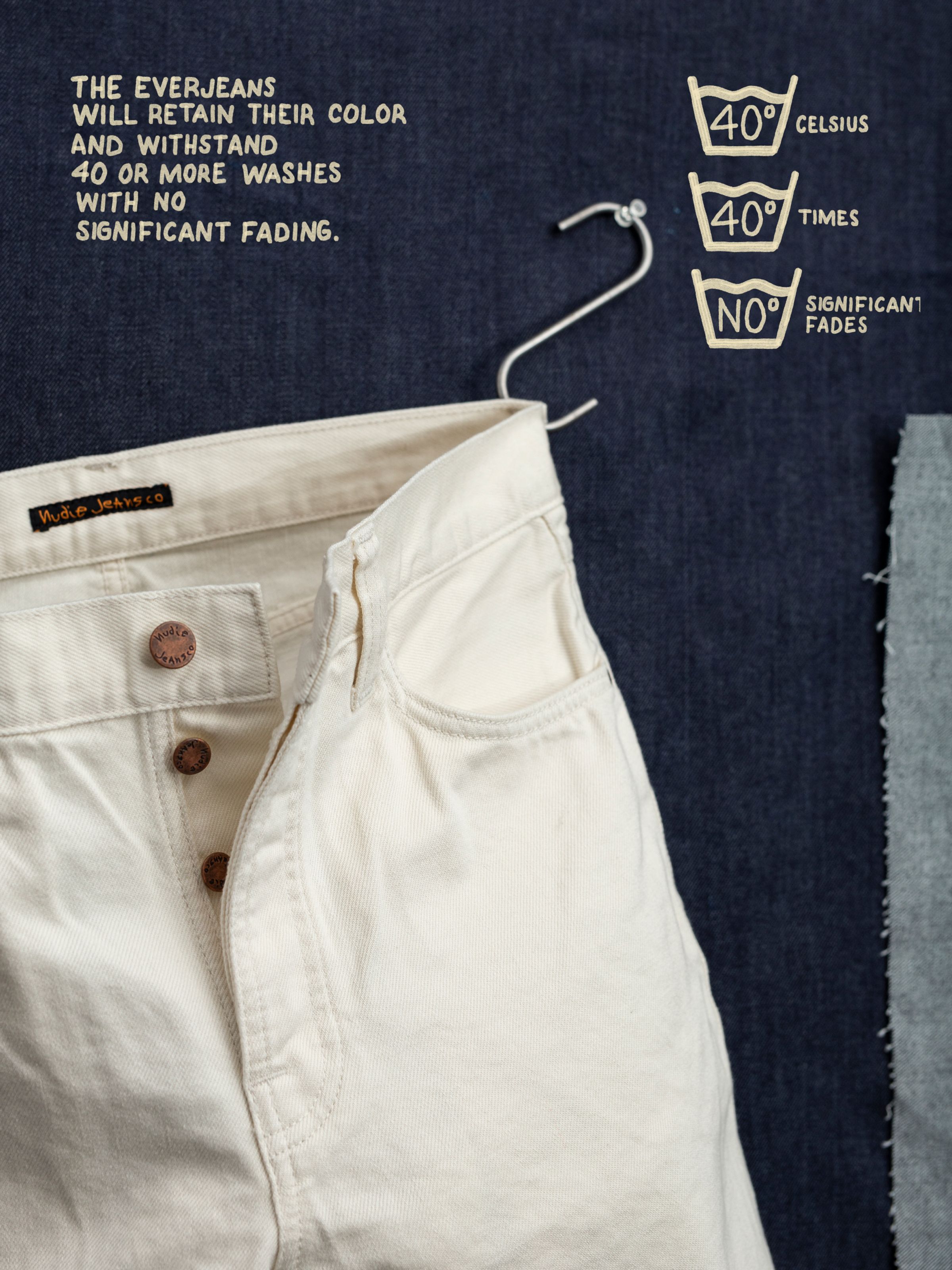 Nudie Jeans Rad Rufus Everivory, close-up of ivory rigid denim jeans showing the button fly and copper trims.