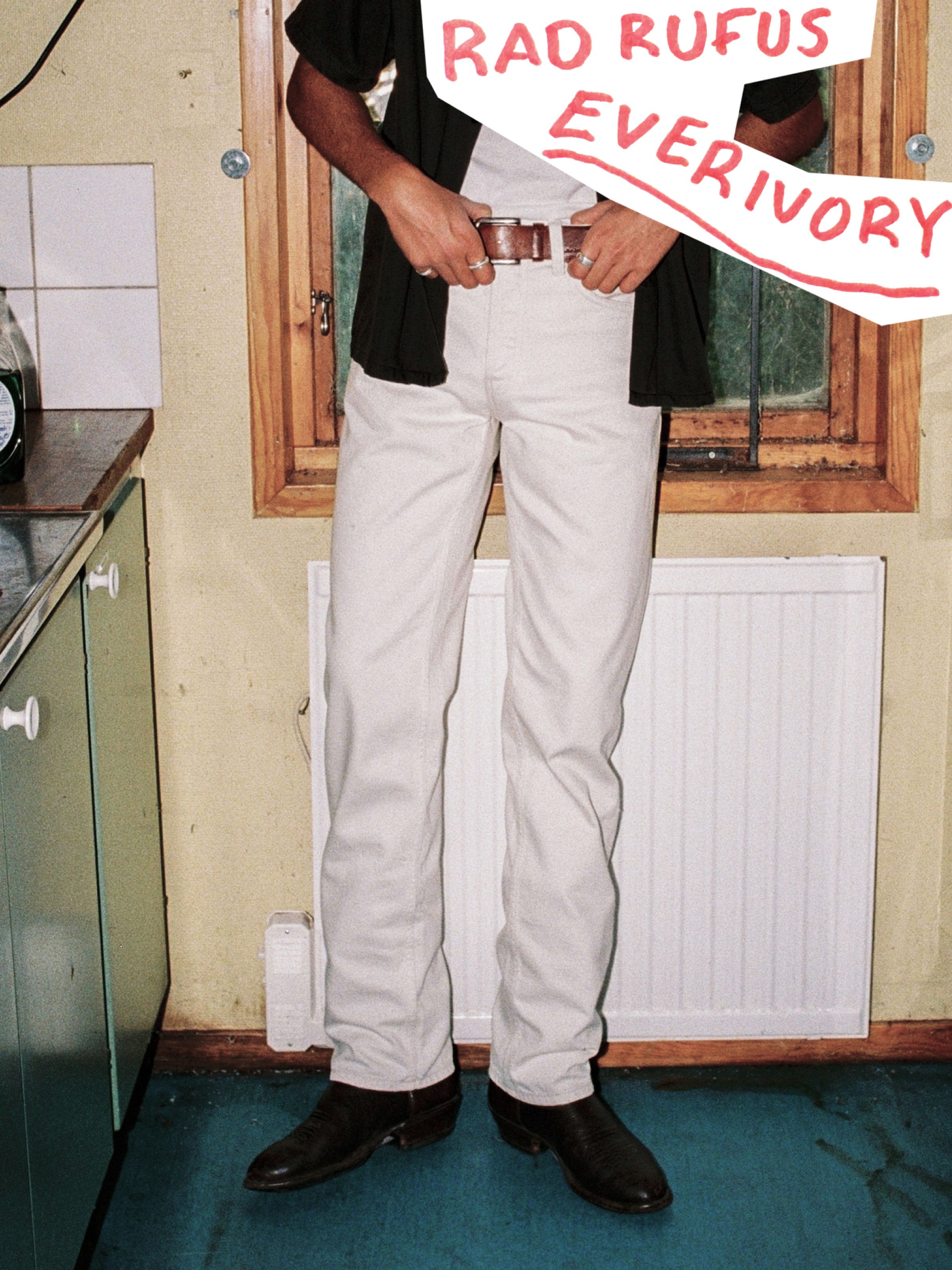 Nudie Jeans Rad Rufus Everivory, men's regular-fit straight-leg jeans in ivory rigid denim shown on a model.