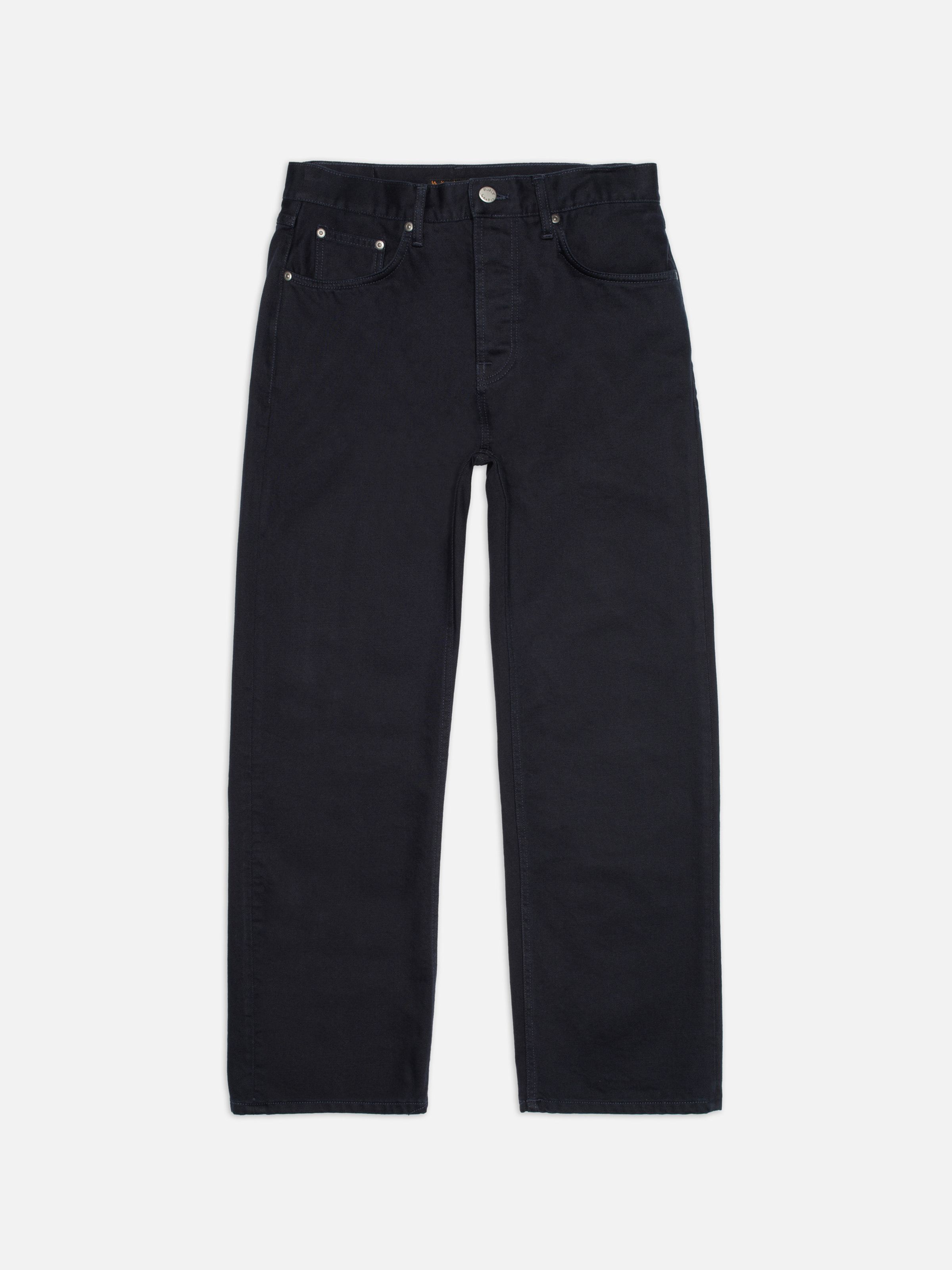 Nudie Jeans Tuff Tony Everblue, men's loose-fit wide-leg jeans shown from the front in a flat lay.
