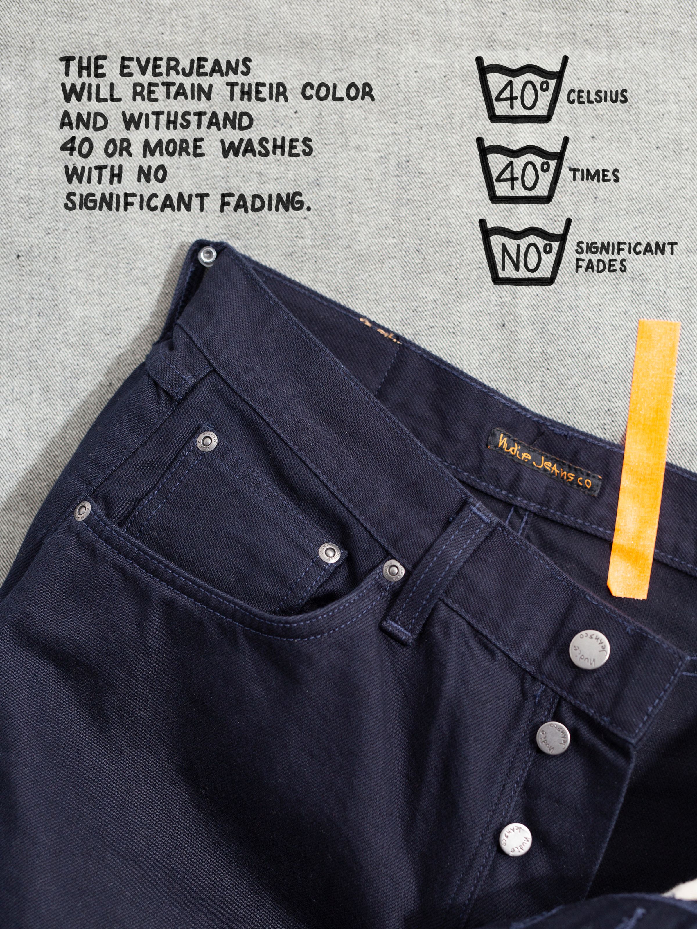 Nudie Jeans Tuff Tony Everblue, close-up of the front pocket and silver trims on dark blue colorfast rigid denim.