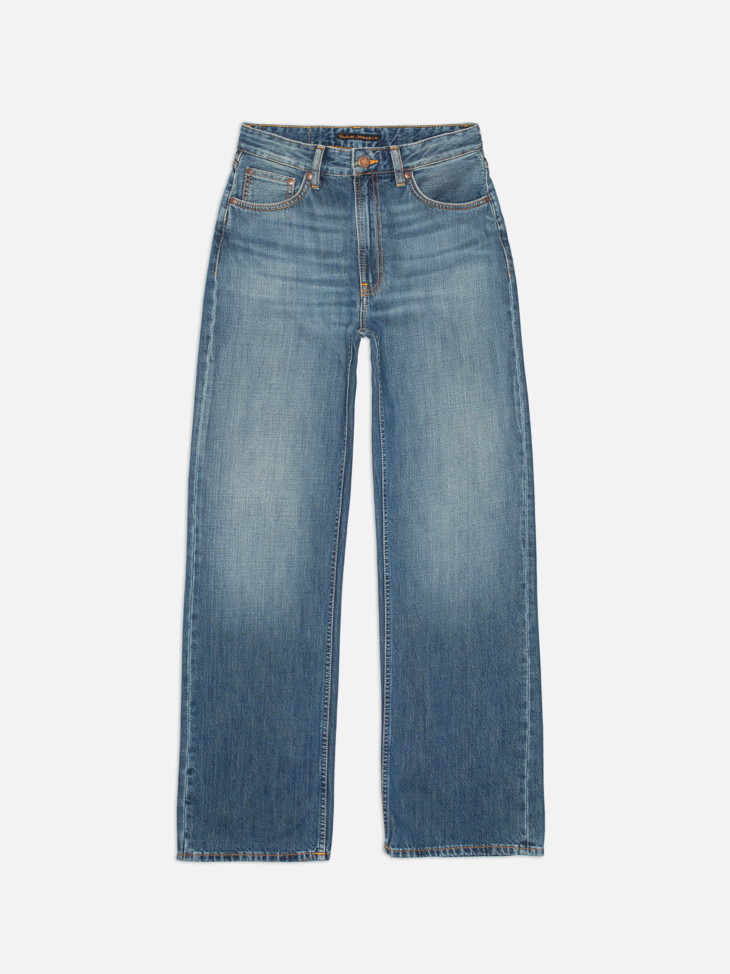Nudie Jeans Clean Eileen Rust River, women's loose-fit wide-leg jeans shown from the front in a flat shot.