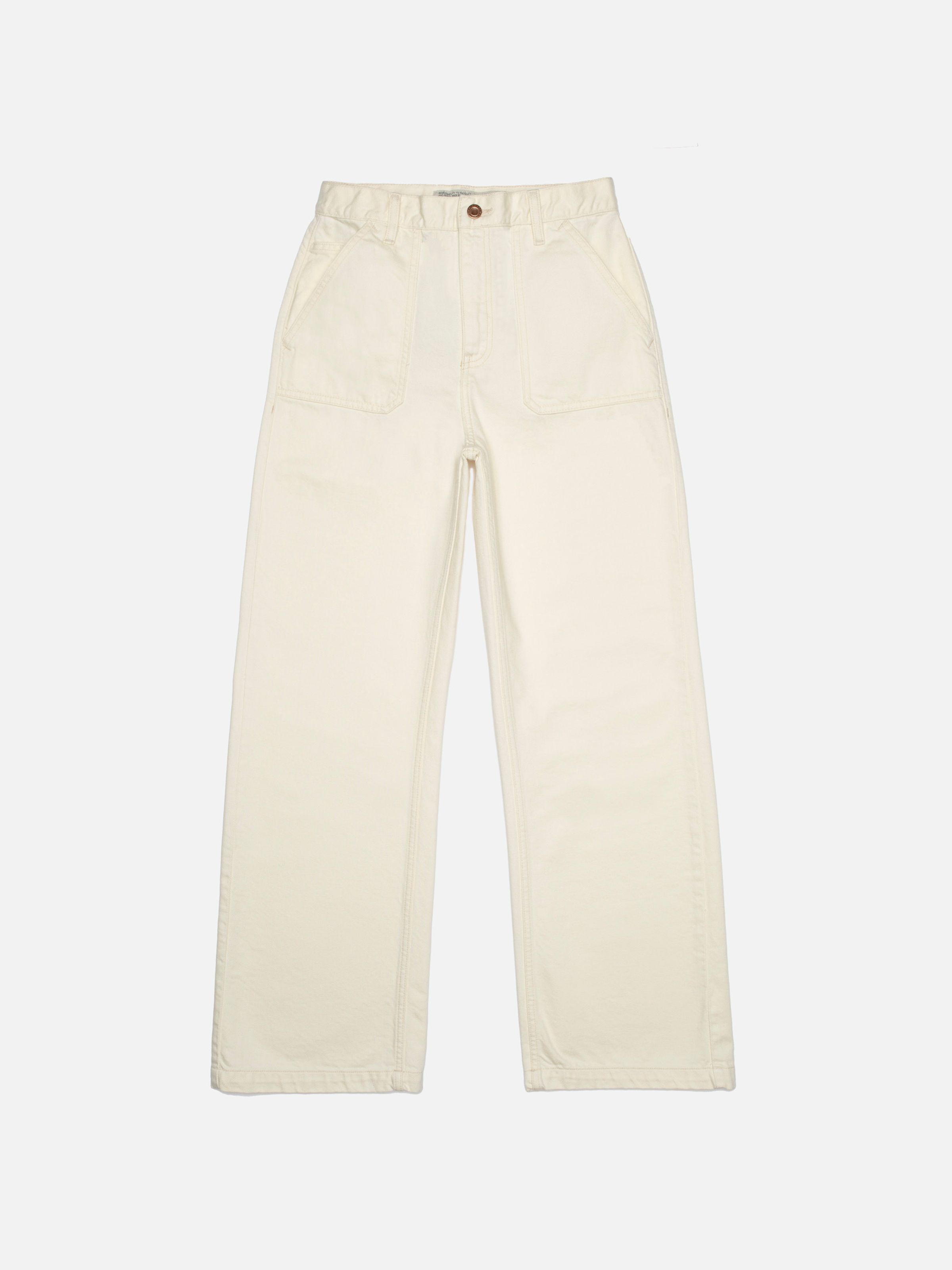 Nudie Jeans Asta Workwear Pants Ivory, women's high-waist wide-leg pants shown in a front flat shot.