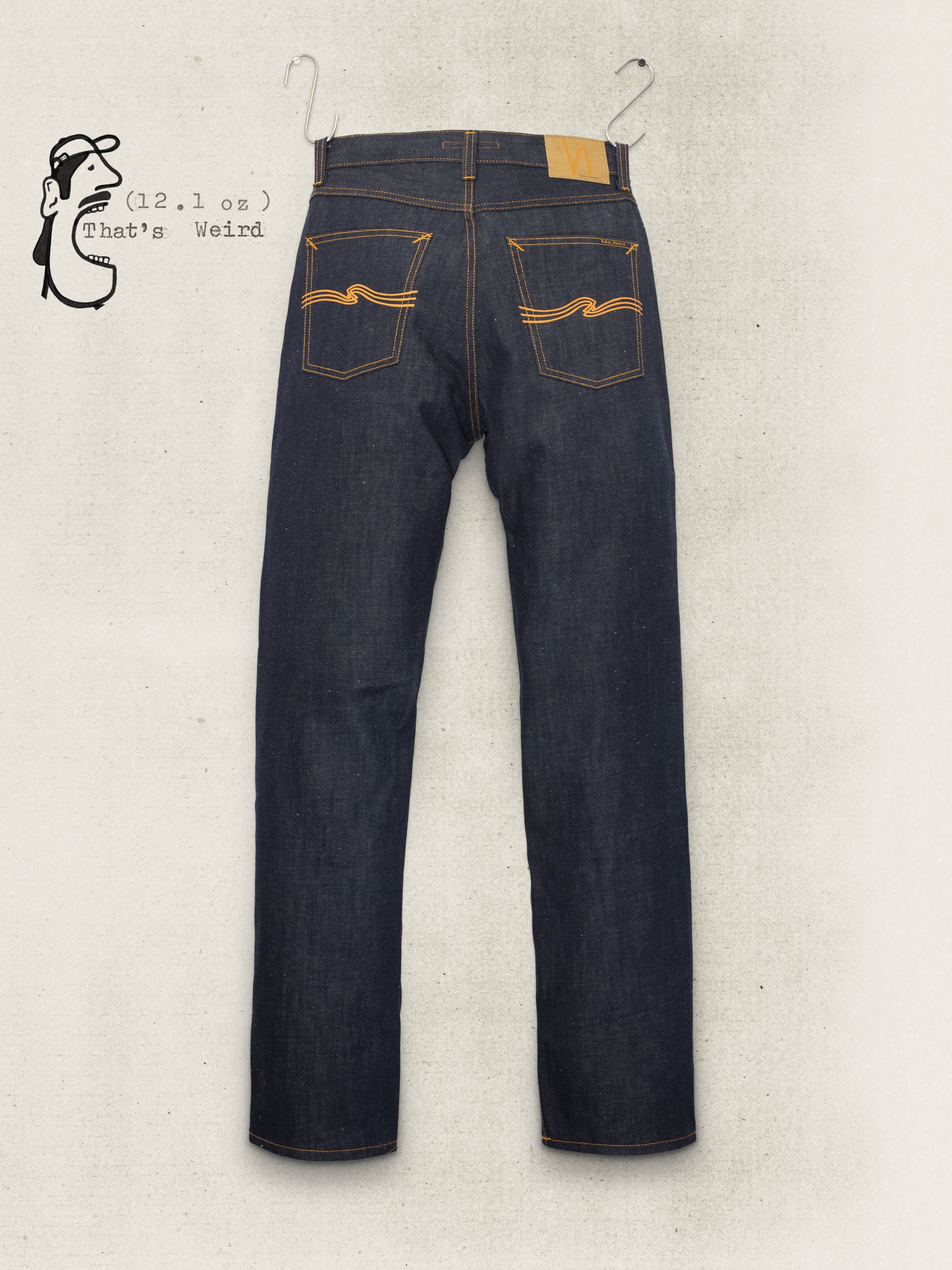 Nudie Jeans Rad Rufus Dry Weird regular fit jeans in dry blue rigid denim with orange back pocket print, back view.