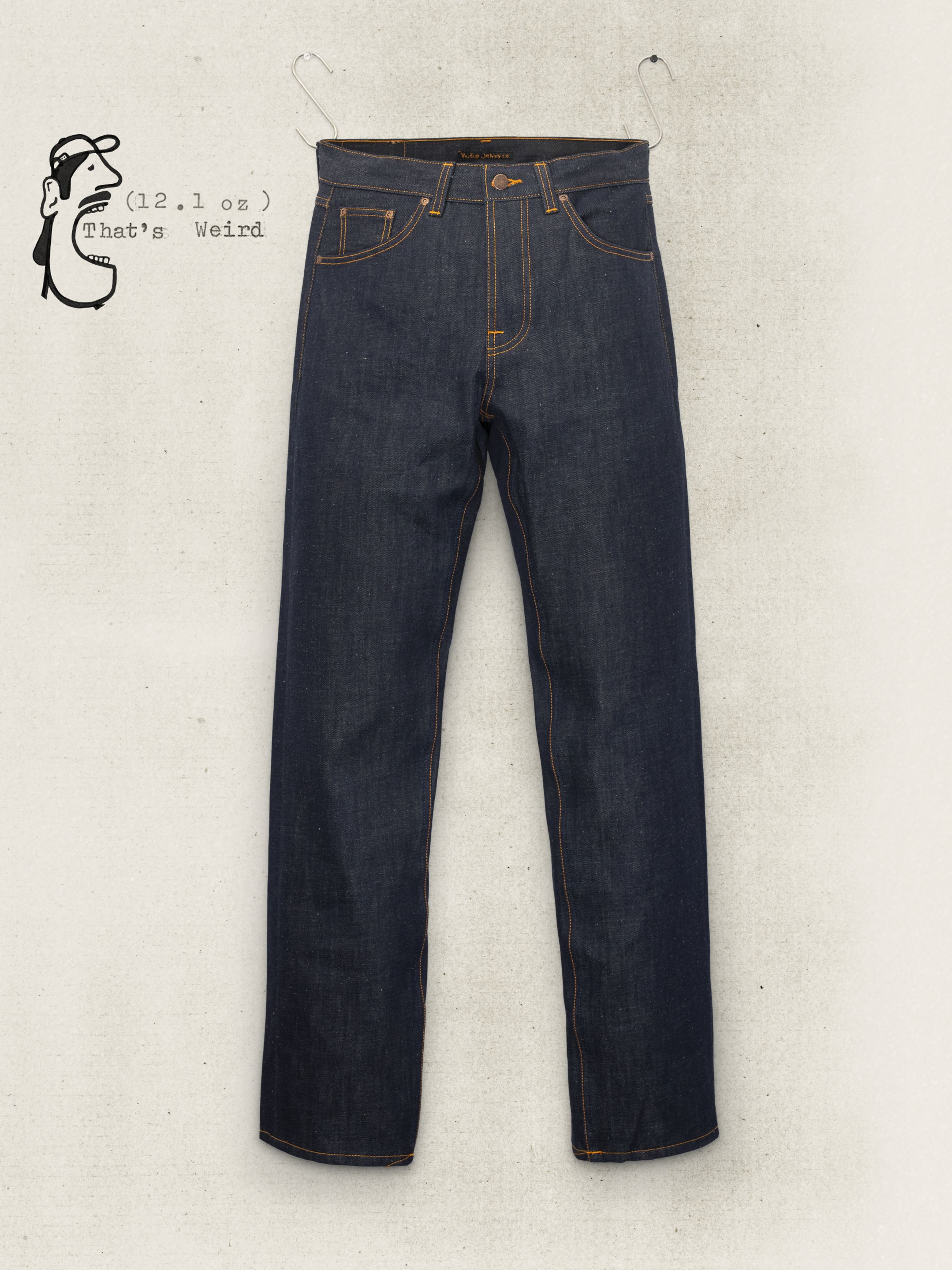 Nudie Jeans Rad Rufus Dry Weird regular straight-fit jeans in dark indigo rigid denim with orange stitching, front flatshot.