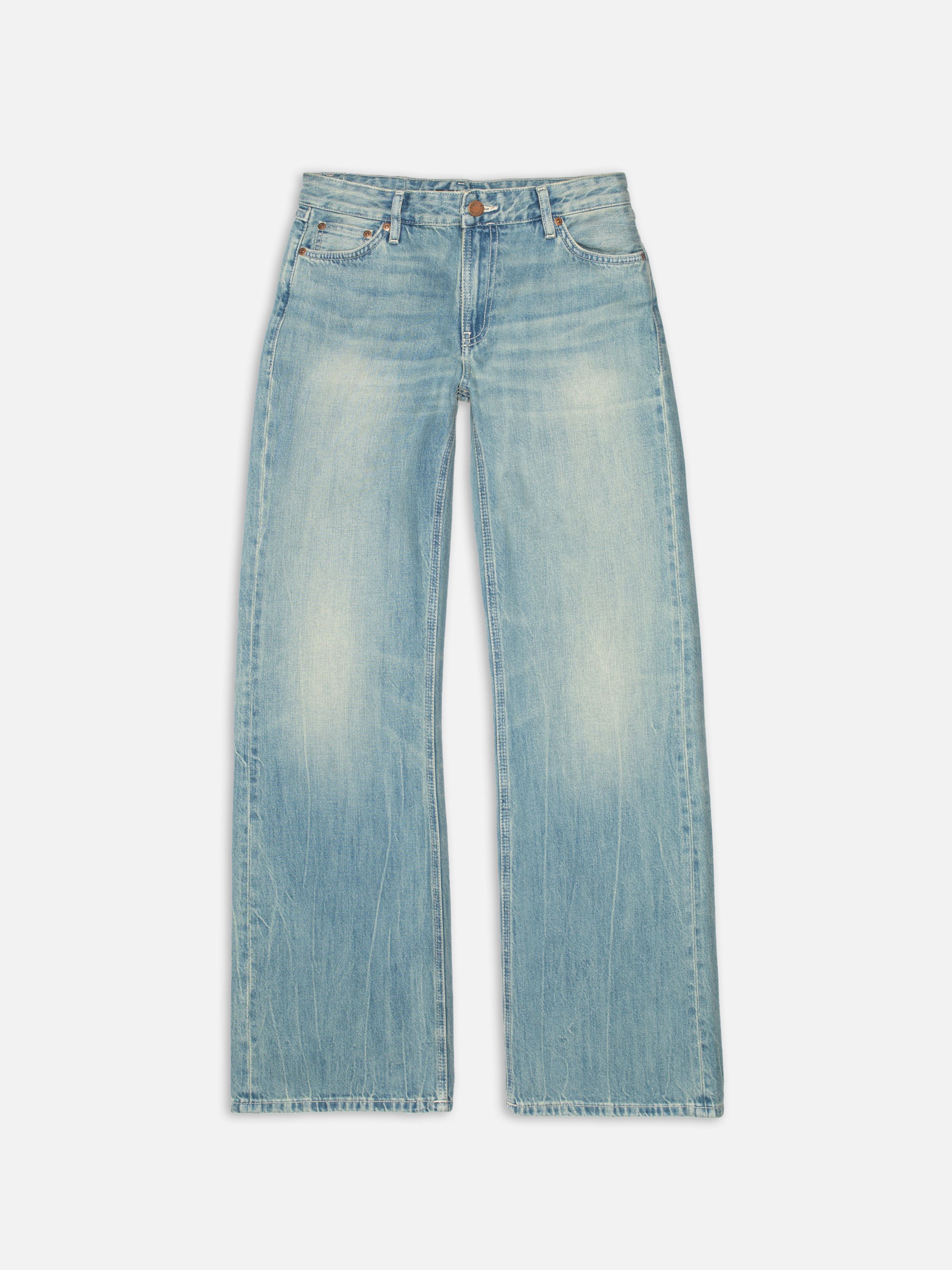 Nudie Jeans Wide Heidi Drift Wood, women's wide-leg jeans in a light blue wash, shown in a front view flatshot.