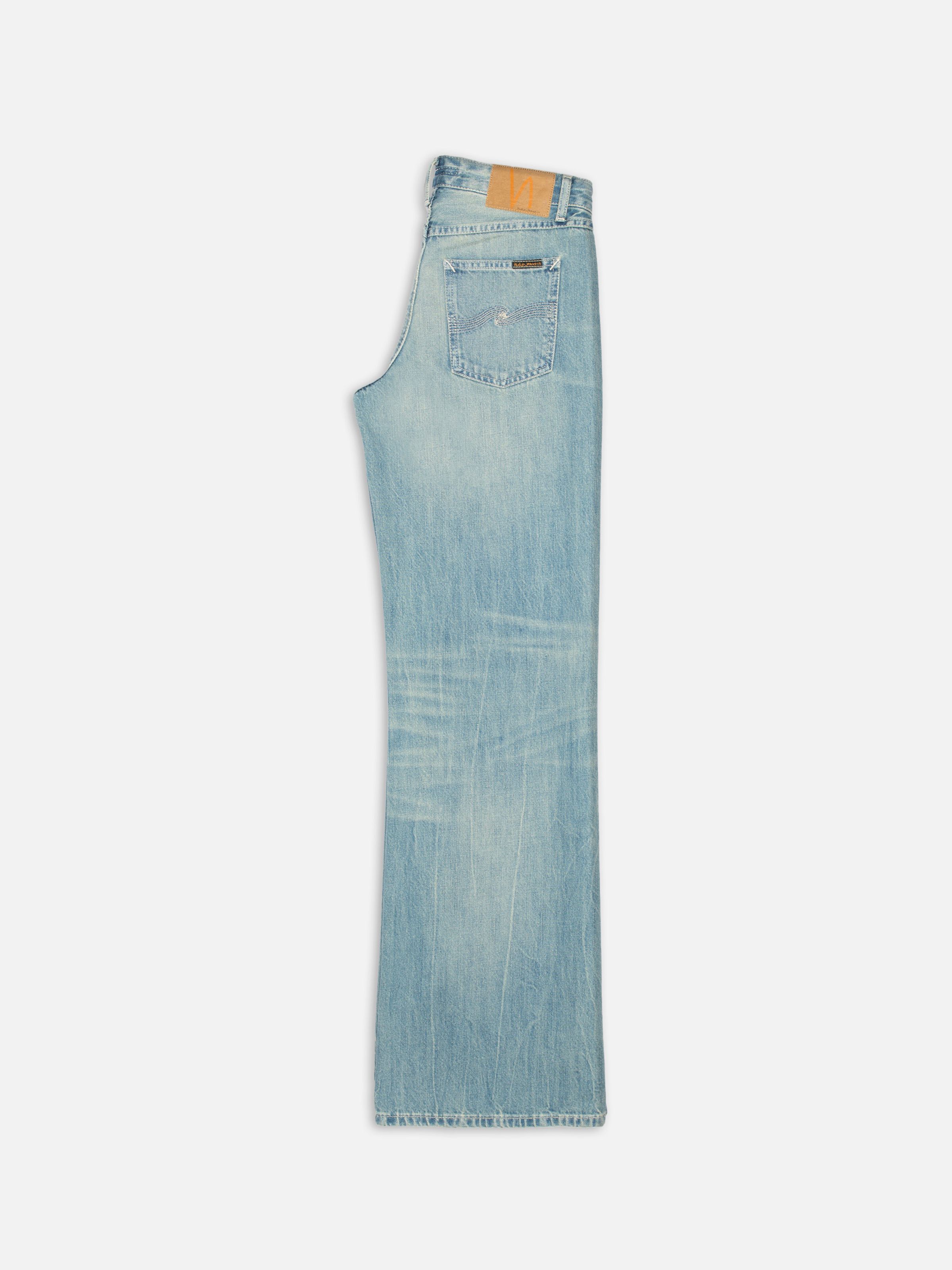 Nudie Jeans Wide Heidi Drift Wood, women's wide-leg jeans in a light blue wash shown from the side and back.