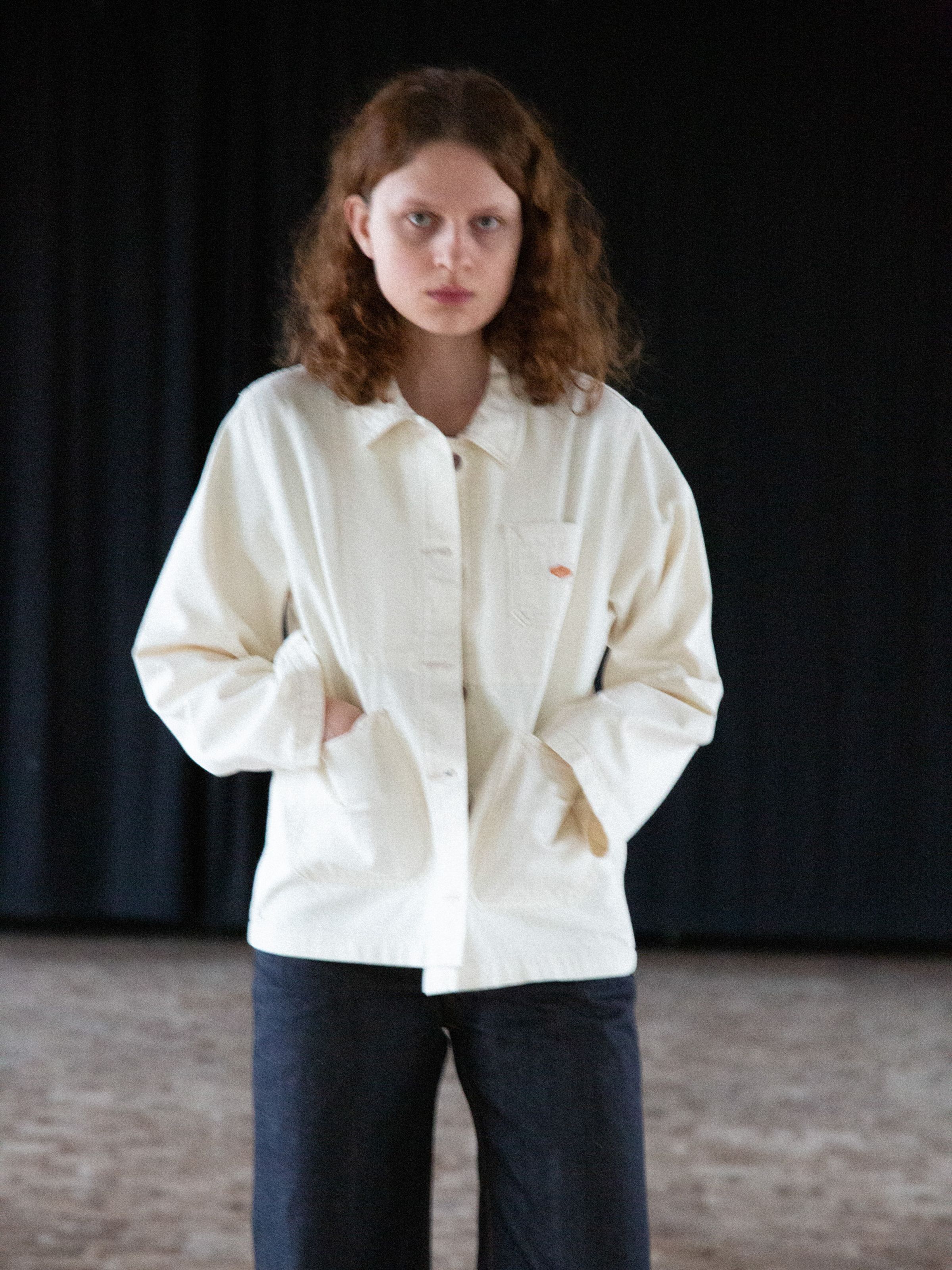 Nudie Jeans Ada Workwear Jacket Ivory, women's regular fit rigid denim jacket shown from the front on a model.