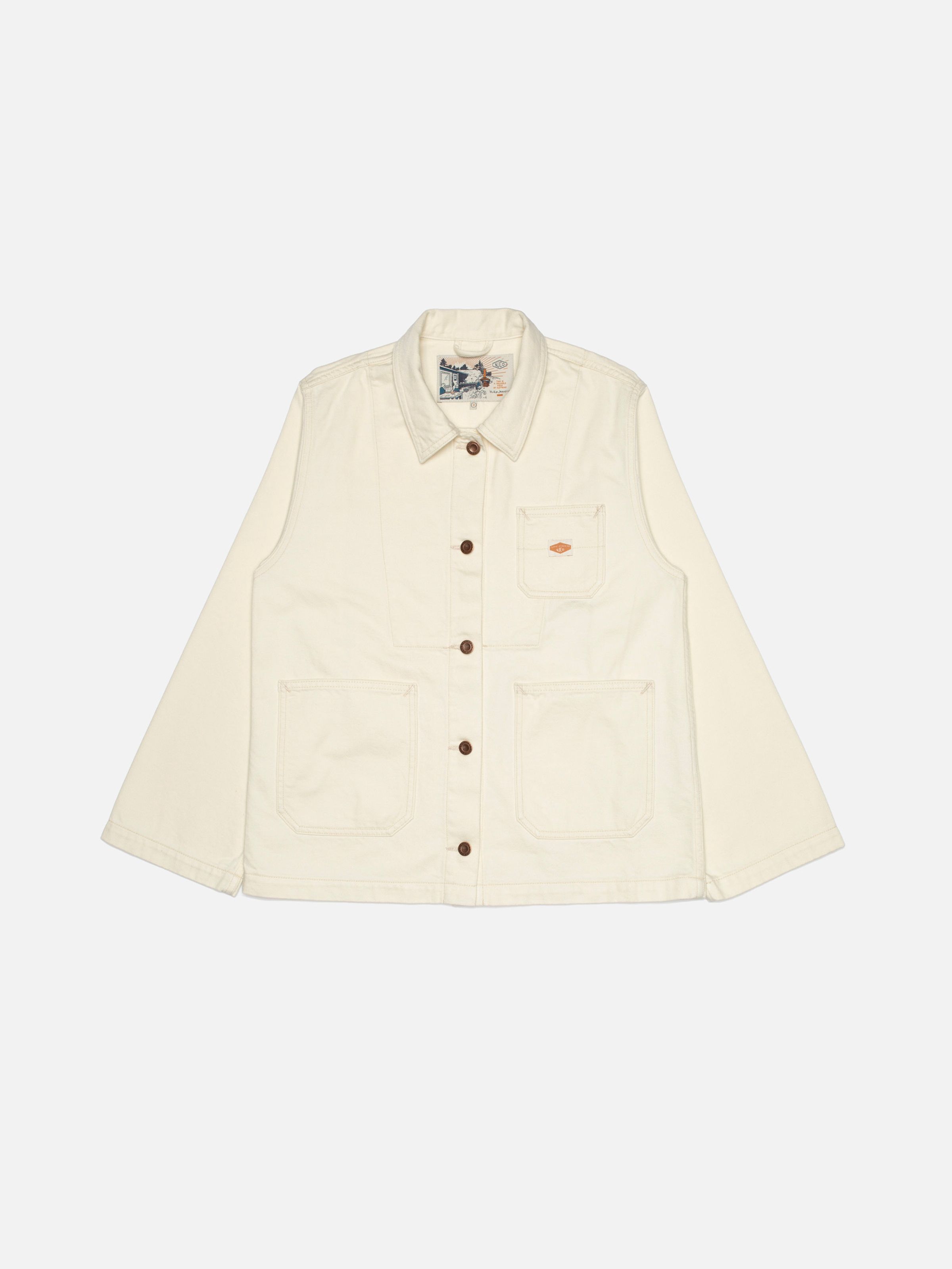 Nudie Jeans Ada Workwear Jacket Ivory, women's ivory rigid denim jacket shown in a flat shot.