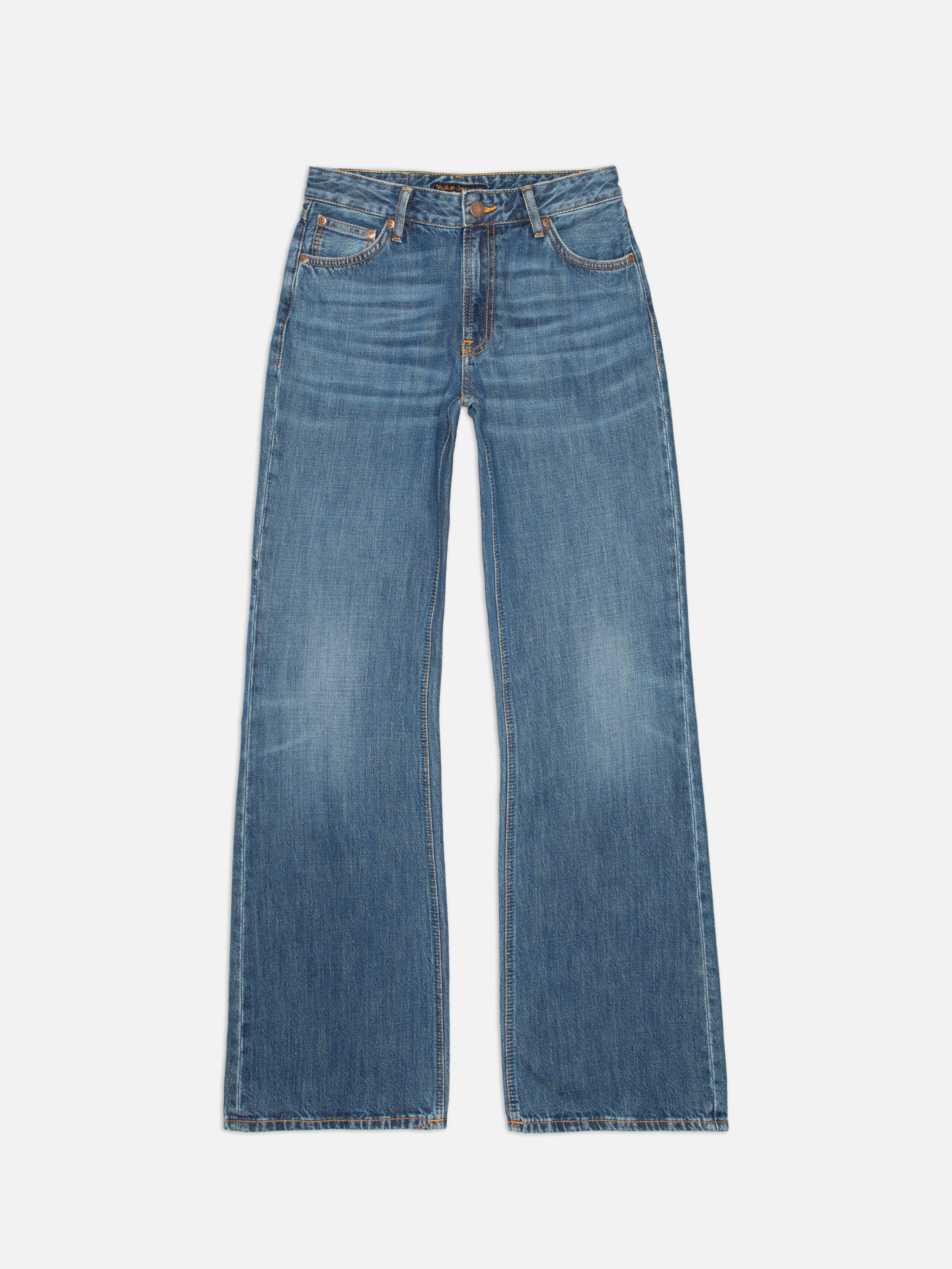 Nudie Jeans Dusty Dee Sierra Sun, women's regular-fit flared jeans in mid-blue wash, front view flatshot.