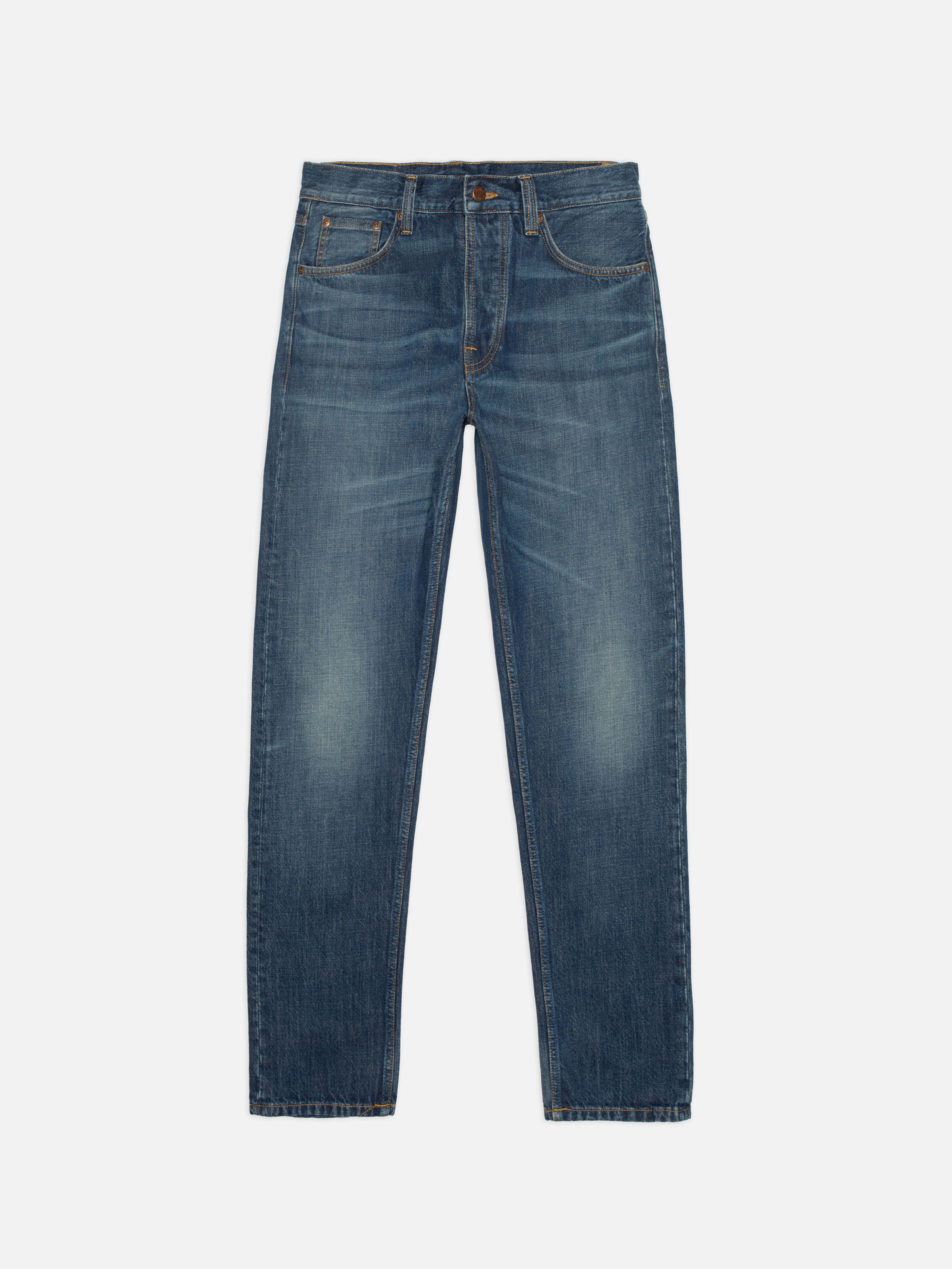 Nudie Jeans Steady Eddie II Indigo Dew, men's regular fit tapered jeans shown from the front in a flat shot.
